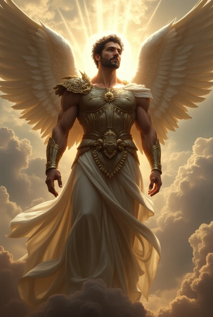 create a 3D image of a man dressed in white ,blackquality hair ,brunette skin , holding a golden sword and with golden angel wings and in the background several clouds and golden coins falling and the blue sky and a golden sign saying Karpjany.