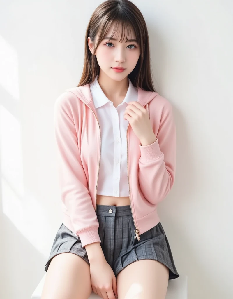 (outerwear is hoodie in soft cotton fabric, long sleeves), (zip-up:1.2), (inner wear is a white collared-shirt), (school uniform, white shirt collar:0.8), gray plaid pattern pleated mini skirt, white loose socks, long socks, black pumps, Sitting on a chair your underwear is visible, 1girl, 25years old woman, (perfectly detailed face), ((looking at viewer)), Simple Background, ((white background)), ((white wallpaper)), White skin, (bright lighting:1.2), perfect lighting, photorealistic, (bokeh), depth of field, UHD, anatomically correct, masterpiece, 4K