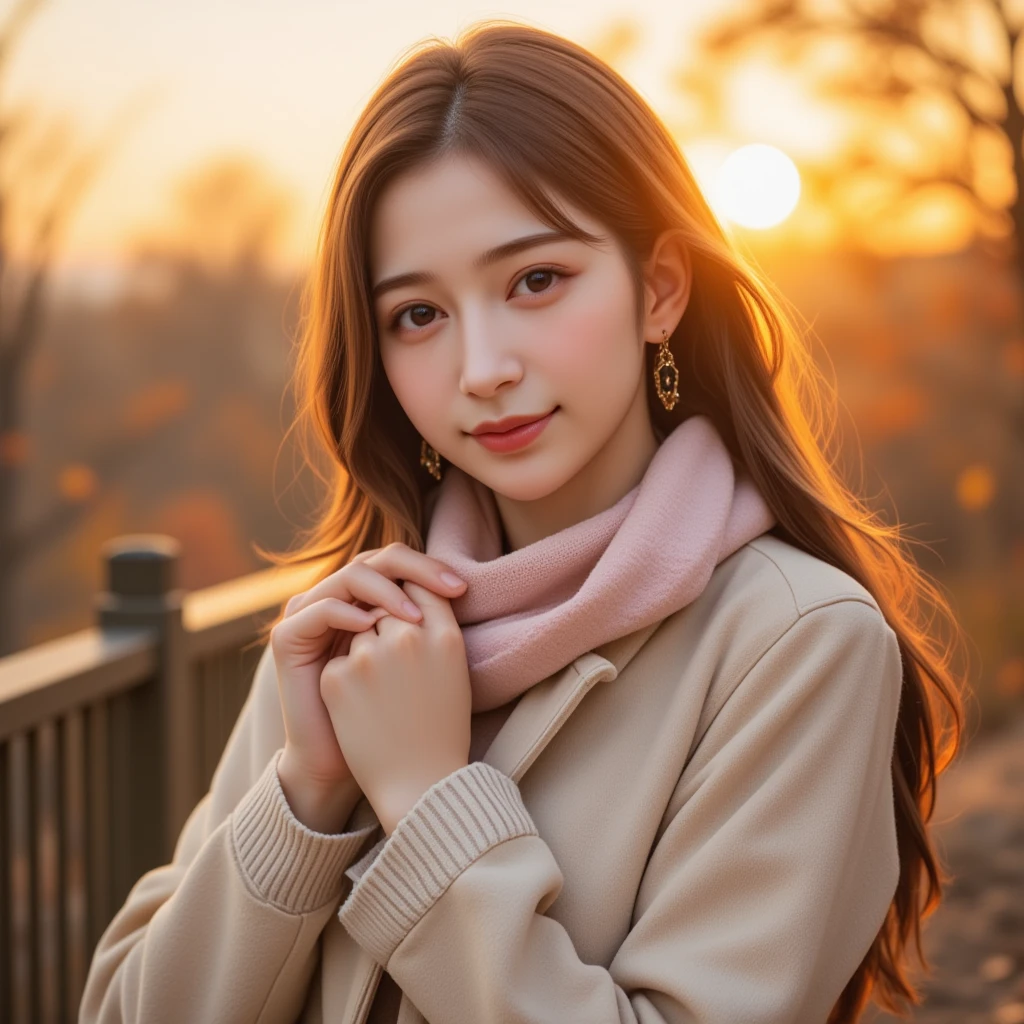 A bright and cheerful outdoor portrait of a young East Asian woman standing in a park during sunset. She has long, wavy hair that cascades over her shoulders, with warm brown highlights that catch the light beautifully. Her expression is joyful, with a wide, radiant smile that exudes warmth and happiness, adding a vibrant and inviting energy to the scene. She is dressed in a cozy, light-colored coat with soft, knitted cuffs, holding the collar close to her face, as if savoring the cool, crisp air of an autumn evening. A pastel-colored scarf is wrapped around her neck, adding a touch of gentle color and extra warmth to her outfit.

The background is softly blurred, featuring a picturesque sunset with shades of golden and orange hues that bathe the entire scene in a warm, glowing light. Silhouetted trees and foliage are visible in the distance, set against the vibrant sky, enhancing the tranquil, end-of-day atmosphere. The combination of her joyful expression, cozy outfit, and the warm glow of the sunset creates an inviting and heartwarming scene that captures the essence of a beautiful autumn evening.

The soft lighting illuminates

Her posture is relaxed, with one arm resting gently on her knee, adding to the feeling of comfort and ease. Small gold earrings complement her look, adding a hint of refinement without overwhelming her natural beauty. The overall color palette of the image consists of warm tones, with soft beige, cream, and deep red hues, creating a harmonious blend that emphasizes the cozy, intimate mood of the scene.

The ambiance is peaceful, almost contemplative, capturing a private moment of calm and quiet joy. The combination of her graceful pose, subtle smile, and elegant outfit creates an image that feels both timeless and modern, embodying a sense of understated beauty and sophistication. The scene highlights the harmony between her soft expression and the warm, inviting surroundings, making for a captivating portrait of serene, elegant charm.


