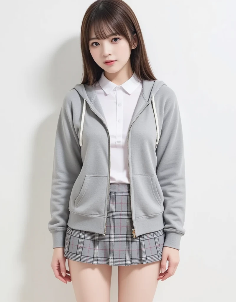 (outerwear is hoodie in soft cotton fabric, long sleeves), (zip-up:1.2), (inner wear is a white collared-shirt), (school uniform, white shirt collar:0.8), gray plaid pattern pleated mini skirt, white loose socks, long socks, black pumps, 1girl, 25years old woman, (perfectly detailed face), ((looking at viewer)), Simple Background, ((white background)), ((white wallpaper)), White skin, (bright lighting:1.2), perfect lighting, ((Healthy and slim body)), photorealistic, (bokeh), depth of field, UHD, anatomically correct, highres, UHD, masterpiece, 4K