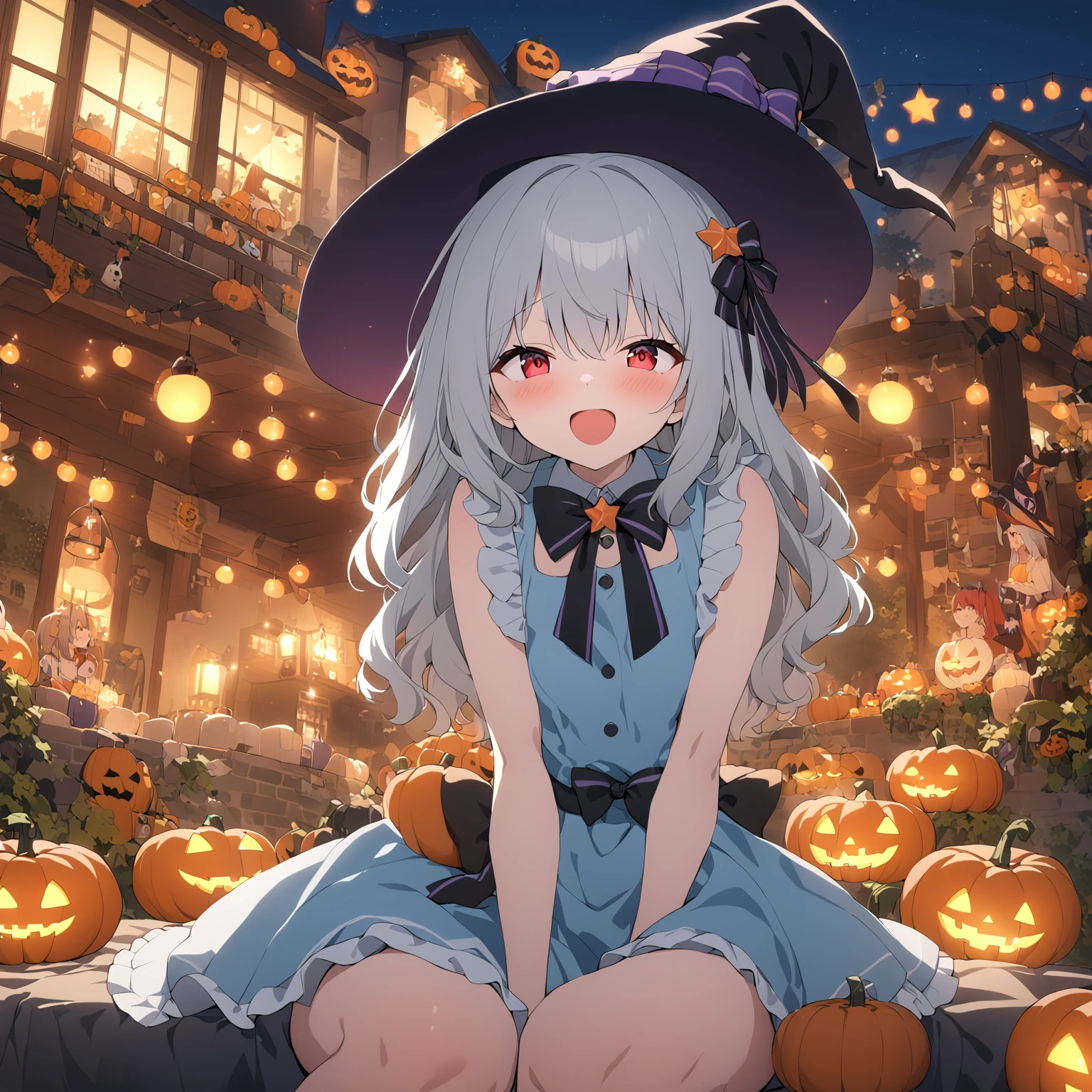 (Sky blue braided medium length hair), (Pink eyes),Fair skin) ,(whole body),(One Girl),(harvest moon),(A large number of pumpkin ghosts in the background),(Trick or Treat),Halloween Party),(masterpiece, Highest quality, Very detailed, Best Shadow), (Detailed Background), (Beautifully detailed face), High Contrast, (Best lighting, Very delicate and beautiful), ((Cinematic Light)), Hyper Detail,8k, Dramatic Light, Intricate details,Witch's Clothes,Magic broom,night