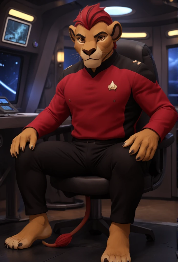 (((Barefoot furry character, full body, cinematic setting, furry boy, anthro lion, plantigrade))), (((anime))). beefy, muscular (((Kion))), (((younger Kion wearing red TNG uniform))), black shoulders, black pants, focused, determined, ((nice detailed feet paws with claws))), (((four toes))), short red hair, red tip of a tail, (((correct anatomy))) (((sitting in captain chair in command center of starship, bridge of the starship))), showing soles to viewer. BREAK, intricate details, highly detailed, extreme detail, octane render, fine art, best quality, highres, (detailed face:1.5), ((full_body)), UHD, (((perfect hands))), ((low light:1.5))