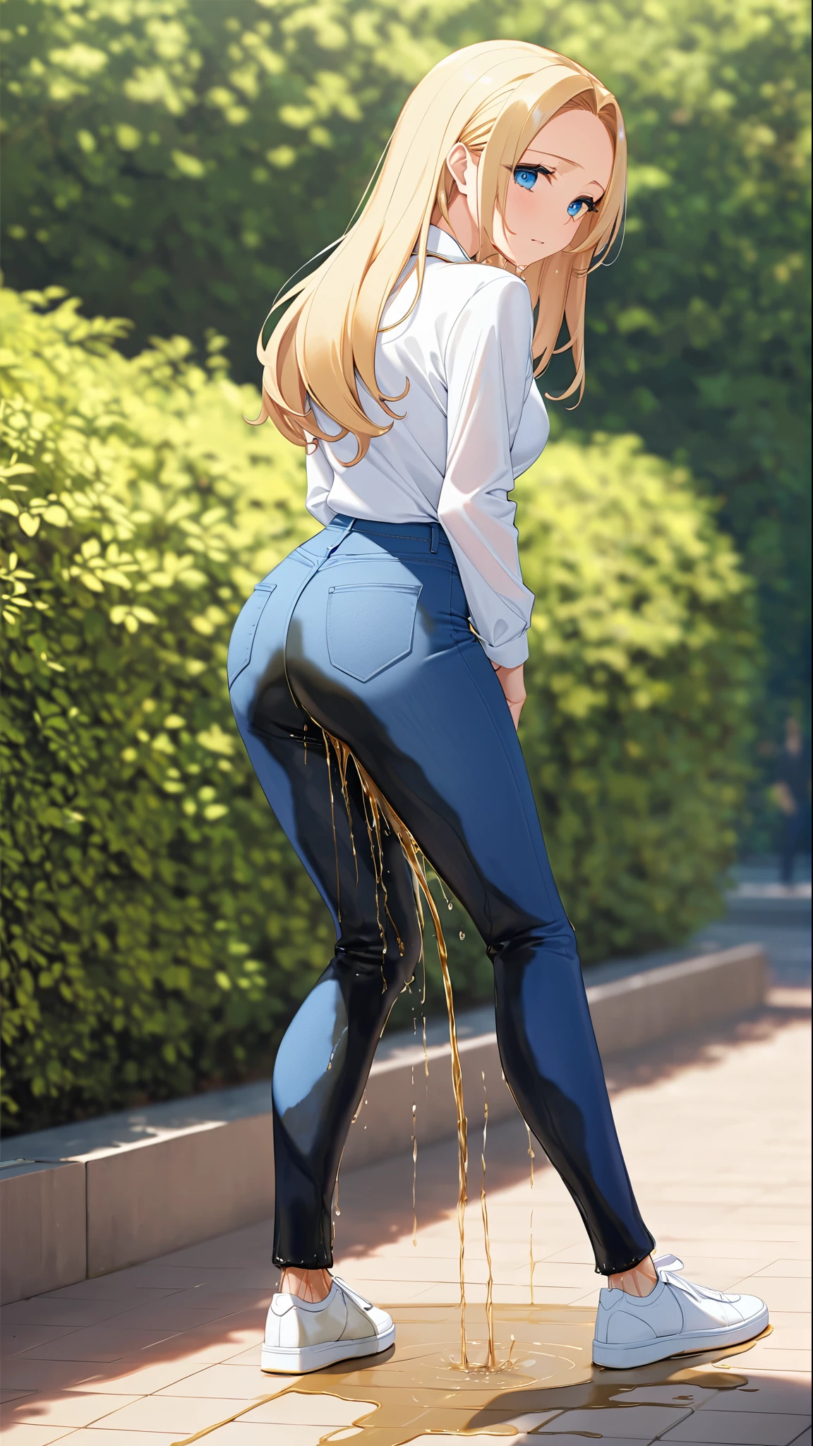 A youthful female with dazzling blue eyes and lovely long blonde straight hair with perfect body:1.1 and medium breast is (wetting herself:2.0). Her facial is embarrassed and worried. She is wearing a (blue skinny jeans:1.5) with (white button-shirt:1.2) and (white sneakers:1.2). Outdoor setting in daytime. Fashion photography. (Best quality. Masterpiece:1.3. 16K. Detailed. Ultra high resolution). Soft natural lighting. Highly detailed face and skin texture. Detailed eyes. (Deep focus. Full body picture:1.3). Forehead. Long sleeves. (Back view:1.5).
