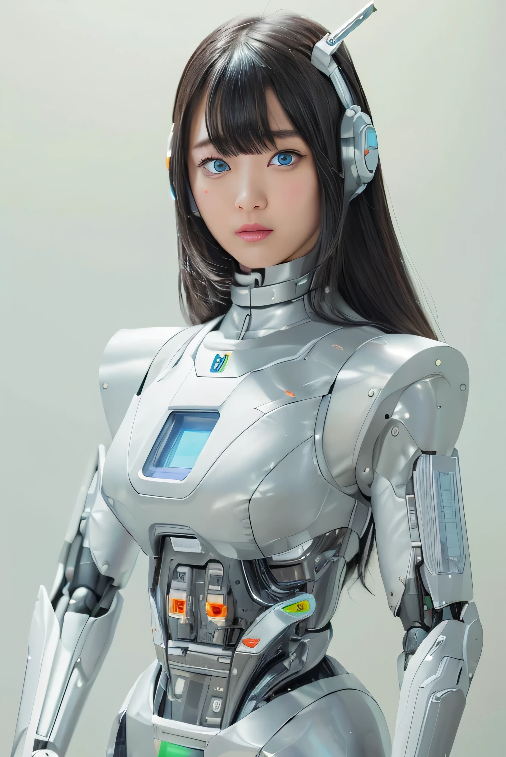 masterpiece, best quality, extremely detailed, Japaese android girl,Plump , control panels,android,Droid,Mechanical Hand, Robot arms and legs, Black Robot Parts,Black hair,Mechanical body,Blunt bangs,White robotics parts,perfect robot girl,future information counter,reception,long tube,thick cable connected her neck,ceramic body ,mechanical body,mechanical costume,android,robot,humanoid,cyborg,information office,japanese android receptionist ,mechanical chest,blue eyes,office-lady