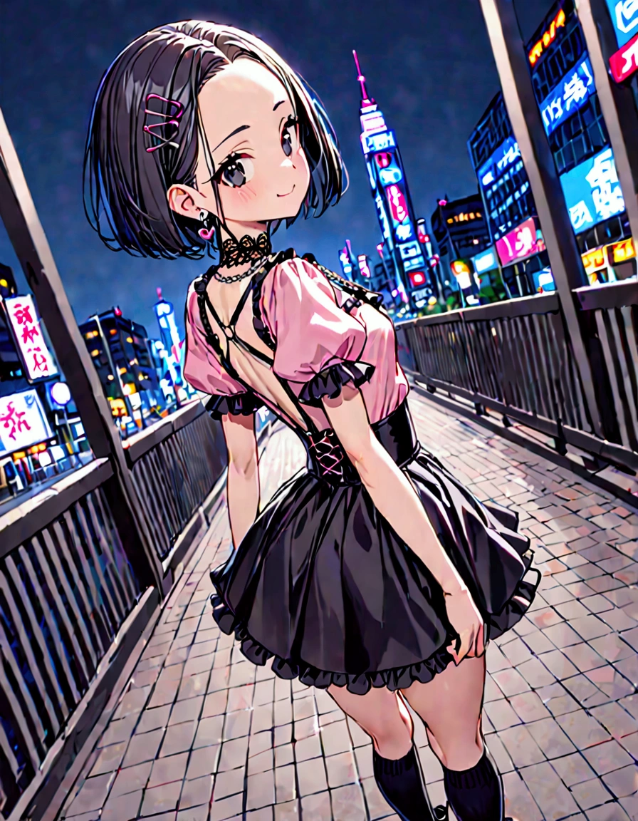 (best quality), (beautiful), (masterpiece),  girl, solo, black short hair, bob cut, (forehead:1.2), (hairpin in center parted bangs), black eyes, slender body, medium hip, archaic smile, upper body above the knees, standing proud, pose of looking back, from behind
BREAK
Gothic Lolita fashion, collarbone, lace collar, heart O-ring chain necklace, puff sleeve blouse, pink blouse, short sleeves, high waist flared skirt, black skirt, black socks with lace trim, platform lace up boots, earrings, outdoors, night city, 