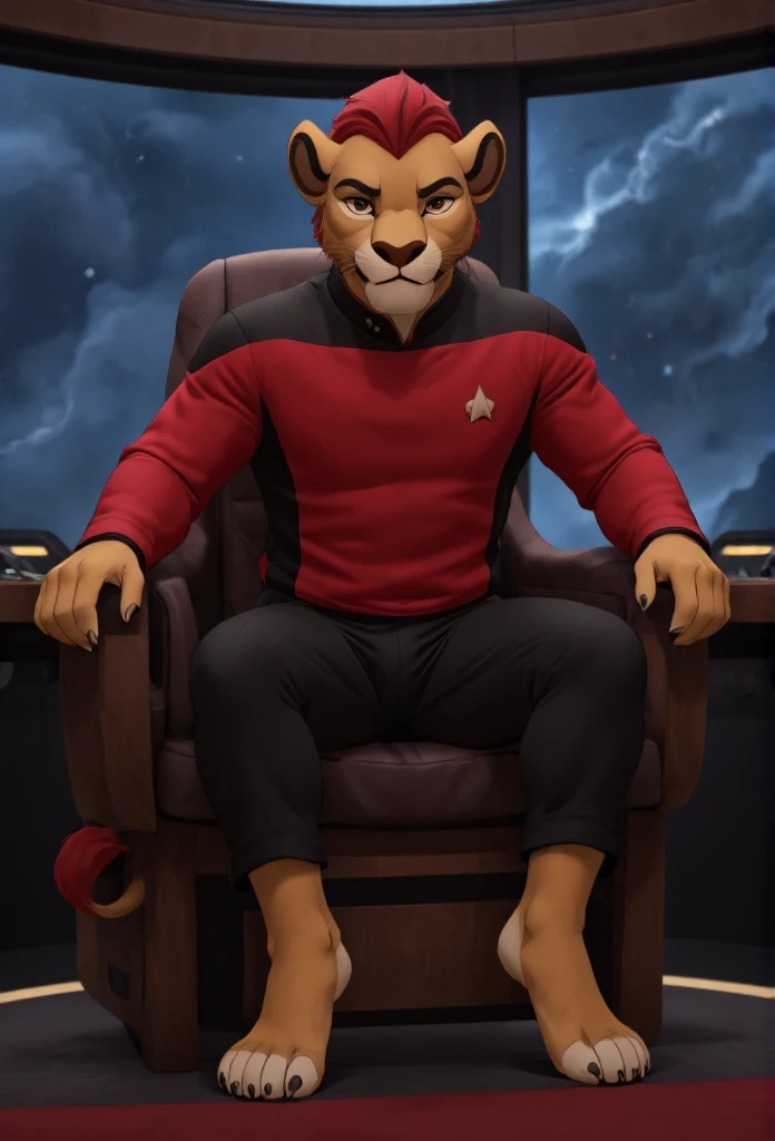 (((Barefoot furry character, full body, cinematic setting, furry boy, anthro lion, plantigrade))), (((anime))). beefy, muscular (((Kion))), (((younger Kion wearing red TNG uniform))), black shoulders, black pants, focused, determined, ((nice detailed feet paws with claws))), (((four toes))), short red hair, red tip of a tail, (((correct anatomy))) (((sitting in captain chair in command center of starship, bridge of the starship))), showing soles to viewer. BREAK, intricate details, highly detailed, extreme detail, octane render, fine art, best quality, highres, (detailed face:1.5), ((full_body)), UHD, (((perfect hands))), ((low light:1.5))