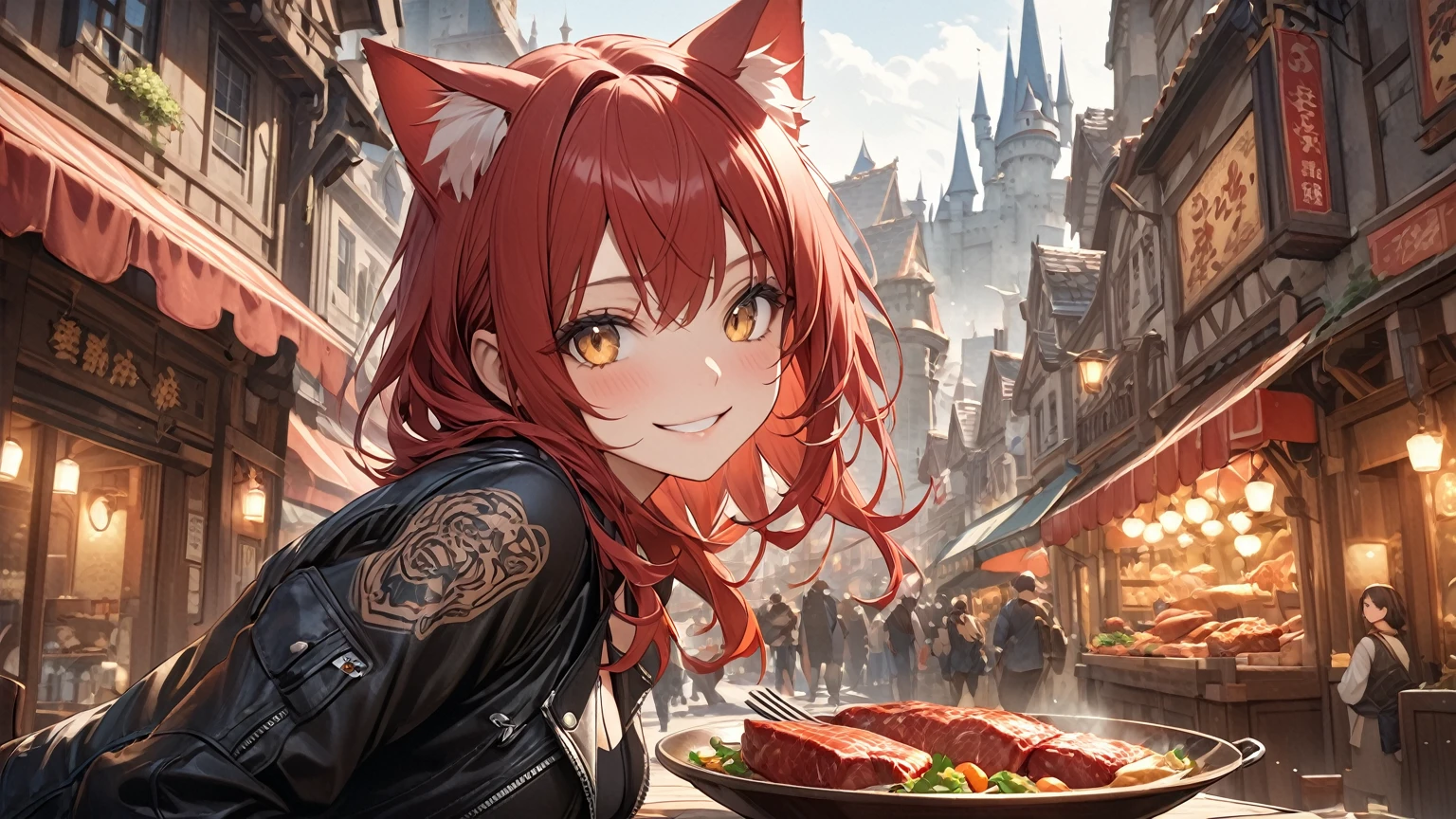  perfect eyes, Soft light, High image quality, 4K resolution, masterpiece,  textured skin,  with great attention to detail, Detailed face, Detailed eyes,  best quality , Super detailed, High image quality,  Castle Town in Another World 、Buy and eat bone-in meat、A strong smile、, Red Hair, Golden Eyes、 shortcuts，Cat ears, tattoo, leather jacket ,Adventurer&#39;s Clothes、