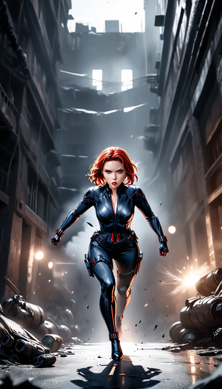 (ohwx), full body shot, scarlett Johansson as a Marvel's Black Widow, beautiful detailed eyes, beautiful detailed lips, extremely detailed face and skin, long eyelashes, red hair, black outfit, action pose during fight scene, secret agent during mission, cinematic lighting, high contrast, dramatic shadows, dystopian atmosphere, masterpiece, (best quality,8k,highres,masterpiece:1.2),ultra-detailed,(realistic,photorealistic,photo-realistic:1.37),cinematic,dramatic,moody,dark,gritty,intense, Marvel_Black_Widow