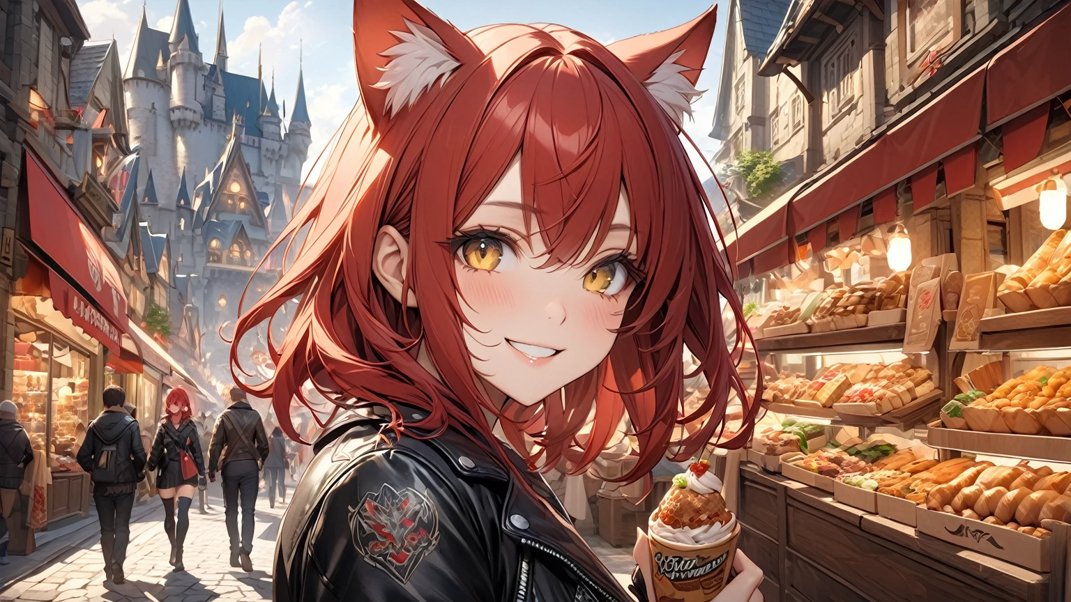  perfect eyes, Soft light, High image quality, 4K resolution, masterpiece,  textured skin,  with great attention to detail, Detailed face, Detailed eyes,  best quality , Super detailed, High image quality,  Castle Town in Another World 、Shopping and Eating 、A strong smile、, Red Hair, Golden Eyes、 shortcuts，Cat ears, tattoo, leather jacket ,Adventurer&#39;s Clothes、