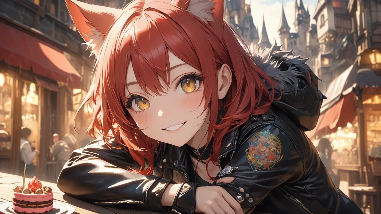  perfect eyes, Soft light, High image quality, 4K resolution, masterpiece,  textured skin,  with great attention to detail, Detailed face, Detailed eyes,  best quality , Super detailed, High image quality,  Castle Town in Another World 、Buy and eat sweets、A strong smile、, Red Hair, Golden Eyes、 shortcuts，Cat ears, tattoo, leather jacket ,Adventurer&#39;s Clothes、