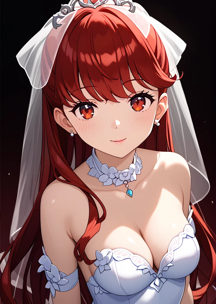 (((Best Quality))),(Unparalleled masterpiece, Side light,  beautiful and beautiful eyes: 1.2), Ultra-realistic 8k CG,  perfect artwork, very detailed ,Confused,  super high resolution , Extremely super detailed,(((Kasumi Yoshizawa)),((1 person)),Alone,( Wedding Dress:1.3),((( bright red eyes,fine grain:1.1))), red hair, long hair, ponytail, red ribbon,Perfect hands,,((( in the center standing))),break, shy,smile,Seductive pose, Seductive Poses ,breakslender,Hot,cute,  perfectly symmetrical face, 超cutegirl, 超cuteface,  very detailed な目,Ultra detailed hair, 超cute,  so beautiful,room,(((Beautiful breasts,Medium Chest, cleavage:1.3)))