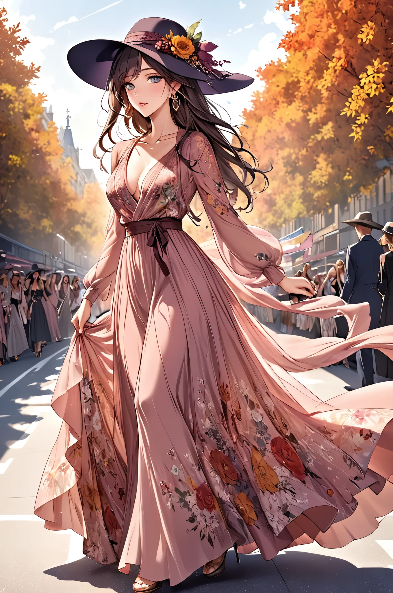 “In a long flowing dress with floral patterns, Dorothea brings a romantic touch to the runway. The soft chiffon material sways with every step, while the deep V-neckline adds a touch of allure. She accessorizes with a wide-brimmed hat and dangling earrings, creating a perfect autumn bohemian look