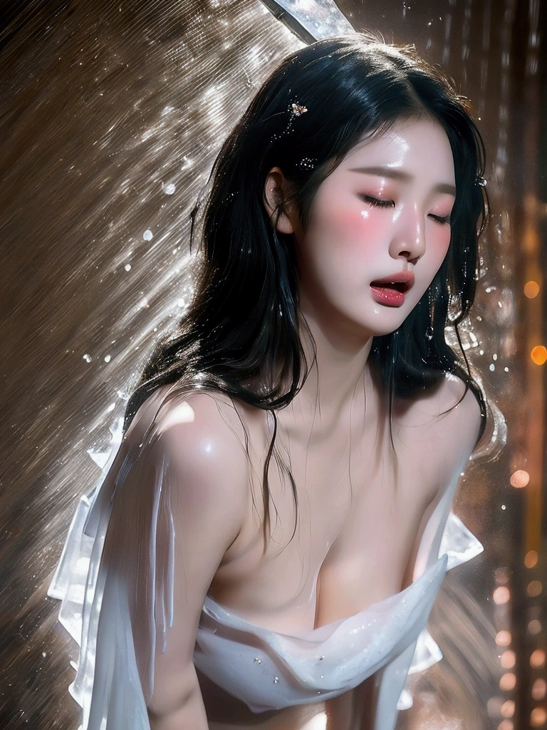 Beautiful Korean woman,black hair,20 years old,in hot spring,wearing see-through wet sarong dress,magical,ethereal,NSFW,climax,arousing,sexy,slightly opened mouth,half closed eyes,highest quality,detailed,masterpiece,close up face,masterpiece,face close up 