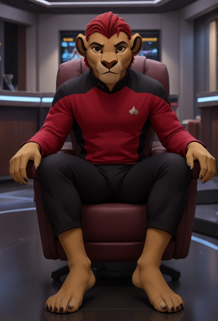 (((Barefoot furry character, full body, cinematic setting, furry boy, anthro lion, plantigrade))), (((anime))). beefy, muscular (((Kion))), (((younger Kion wearing red TNG uniform))), black shoulders, black pants, focused, determined, ((nice detailed feet paws with claws))), (((four toes))), short red hair, red tip of a tail, (((correct anatomy))) (((sitting in captain chair in command center of starship, bridge of the starship))), (((showing his soles to viewer))), feet towards viewer. BREAK, intricate details, highly detailed, extreme detail, octane render, fine art, best quality, highres, (detailed face:1.5), ((full_body)), UHD, (((perfect hands))), ((low light:1.5))