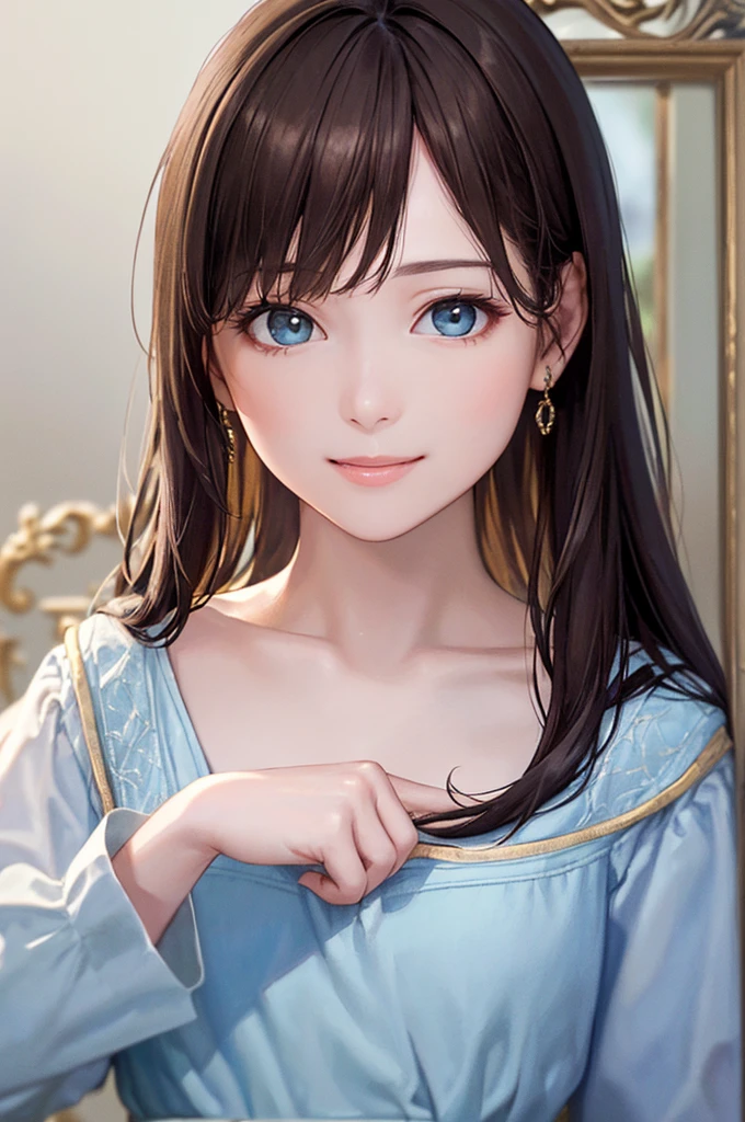 (    best quality    、8k、32K、masterpiece)、(Realistic)、(     photorealistic  :1.2)、(There is no light or shadow    )、super detailed、   Very cute face and eyes    、Frame In、     1 girl、Round and small face、     Thin Waist、Delicate body、(close、    best quality    、     high detail、     rich skin details)、(    best quality    、8k、Oil paints:1.2)、super detailed、(Realistic、Realistic:1.37)、  bright color、(((Brown Hair )))、(((薄Brown Hair)))、(( I'm tying the tips of my hair )))、((( bust shot )))、(((  long hair )))、(((     White wall background     )))、((( 薄Brown Hair )))、((( Straight hair )))、(((  I'm putting my hands together in front of my chest   )))、((( I'm wearing a light blue dress  )))、((( I'm wearing a light blue dress)))、(((smile)))、(((   I'm wearing a light green dress   )))、(((Frame In)))、(((    white skin)))、((Kind woman))、((( Gentle smile)))、(((bangs)))、(((  long skirt )))、(((Frame In)))、(((Solo Shot)))、