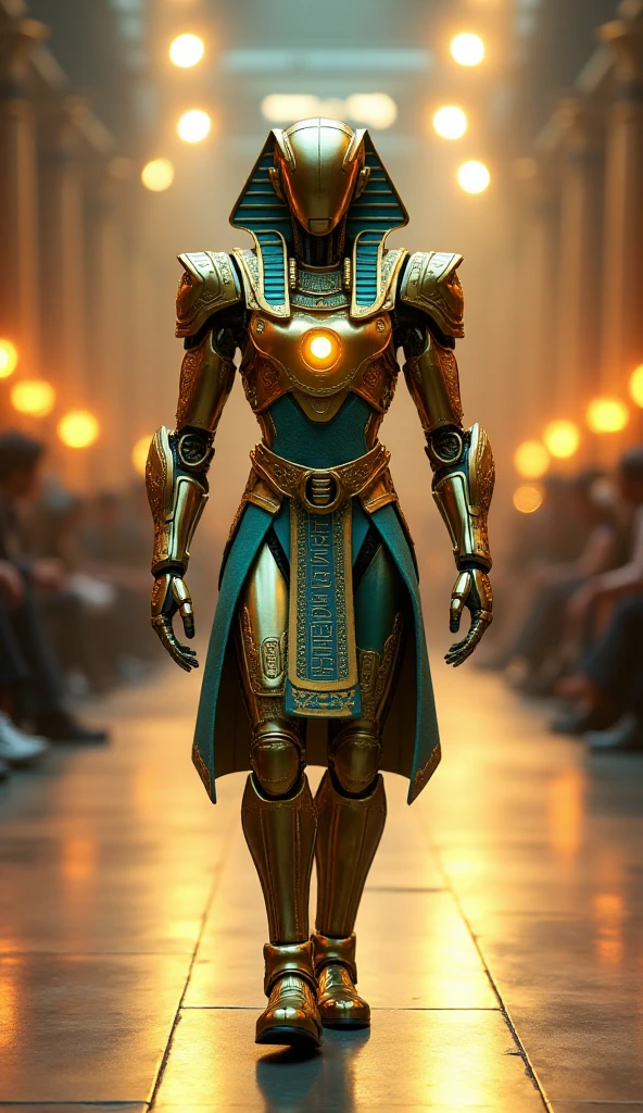 A hyperrealistic humanoid robot inspired by ancient Egyptian design, featuring a regal appearance with a pharaonic influence. The robot has a gold and turquoise color scheme, adorned with intricate hieroglyphic designs. It is equipped with LED lights shaped like pyramids, giving it a striking visual effect. The robot has a hyperrealistic human head and face, standing confidently on a catwalk stage, facing the viewer. The background showcases a bright catwalk stage with vibrant lighting, emphasizing the robot's majestic presence. The image is rendered in 4K and 8K resolution for stunning detail.