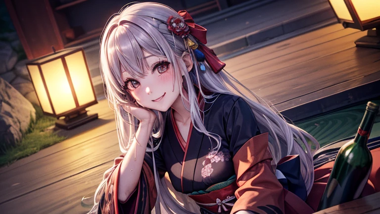  super high image quality ,((Best Quality)), ((masterpiece)), ( Details),  perfect face , master peace ,  perfect face,　1girl , sit , Mountain、camp , kimono、kimono、long hair ,Wine Bottle , red circle of light on the head、Drunk、Drunk、smile、sweat