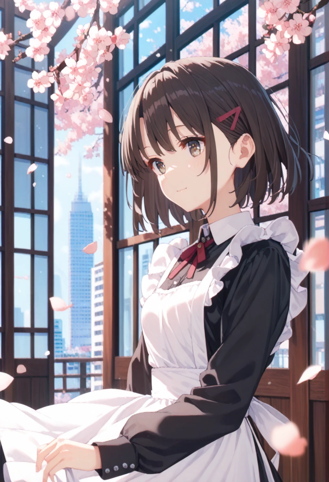 katou megumi, 1girl, solo, bangs, short hair, brown hair, brown eyes, black hair,maid dress,white apron, cherry blossoms,cityscape