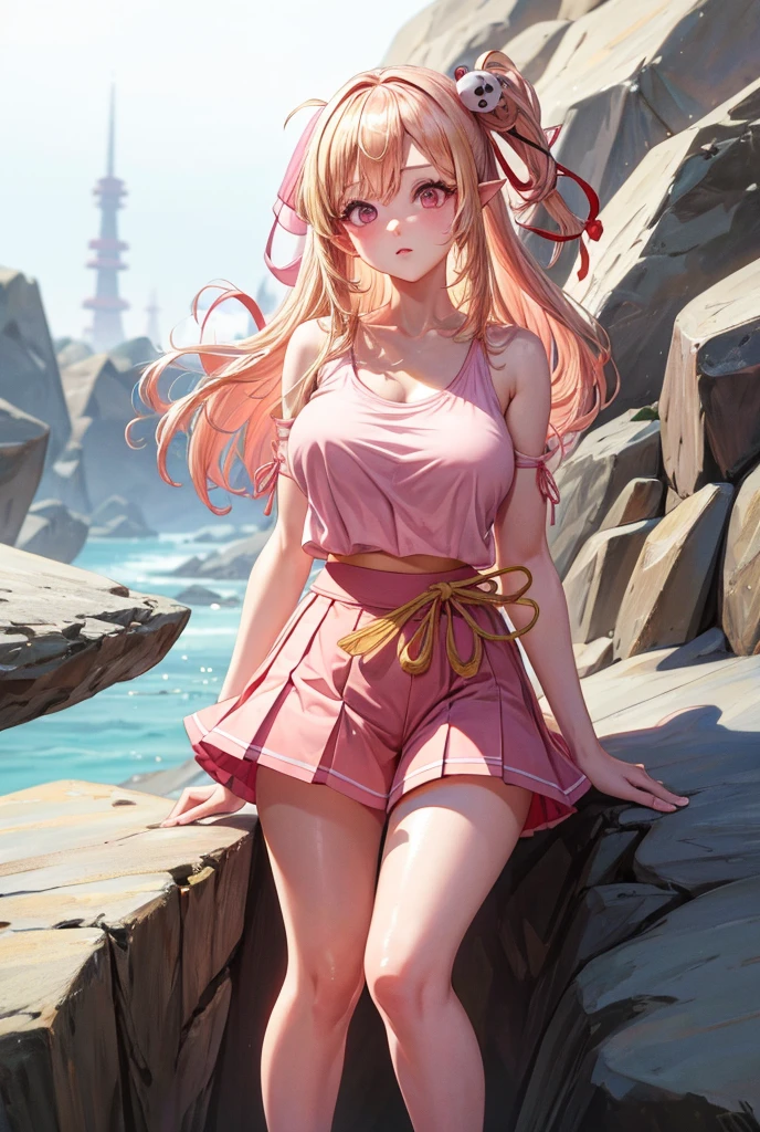 A girl Blonde Hair, Blonde Hair, Pink Eyes, Ukiyo-e, Ribbon, two side up , pink top and, skirt shorts and socks Large breasts, Pointy Ears, 