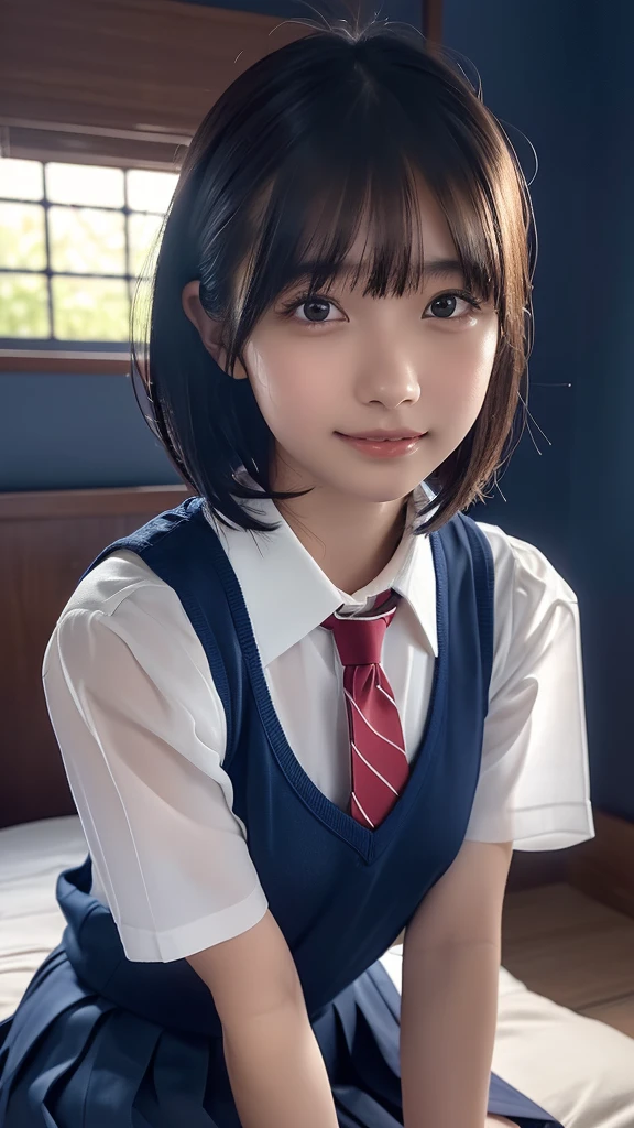 ((masterpiece,  best quality ,   Kampala )),   Japanese high school girl  、(Realistic: 1.4), smile、Pointed Mouth、 closed mouth、Great face,Glossy wet lips、Age 15、 short bob、(Beautiful Hair:1.5),  school uniform、(Navy blue vest)、( white dress shirt、Short sleeve)、(Red tie)、( very short mini pleated skirt)、Beautiful body、Beautiful ass、 Beautiful thighs、Beautiful legs、Sitting on bed in bedroom、 stares、 front angle where you reach your hands narrowly、 very detailed CG composite 8k wallpaper,   Kampala のRAWカラー写真,   professional photography, Light, BackLight, Dreamy, Impressive,    the depth of the written border , ( upper body closeup :1.5)