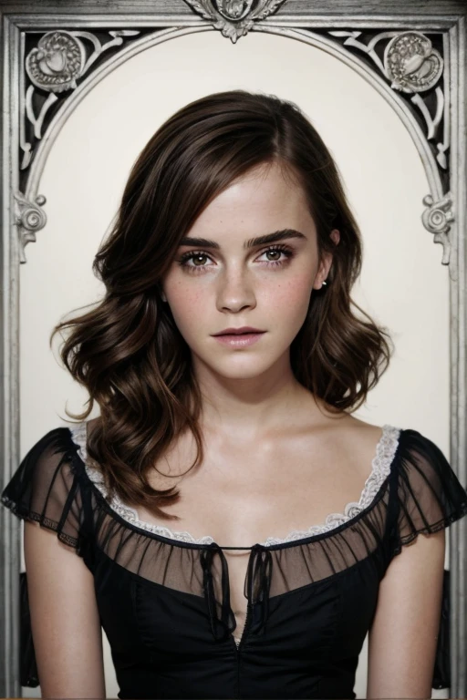Emma Watson, (wet skin:1.5), no bra, pokies, puffy, low cut neckline, enough cleavage, seductive, cowboy shots, 8k, bare breast, big breast, (big breast:1.5) (Long Hair:2.0), ((in the middle of the dark forest))