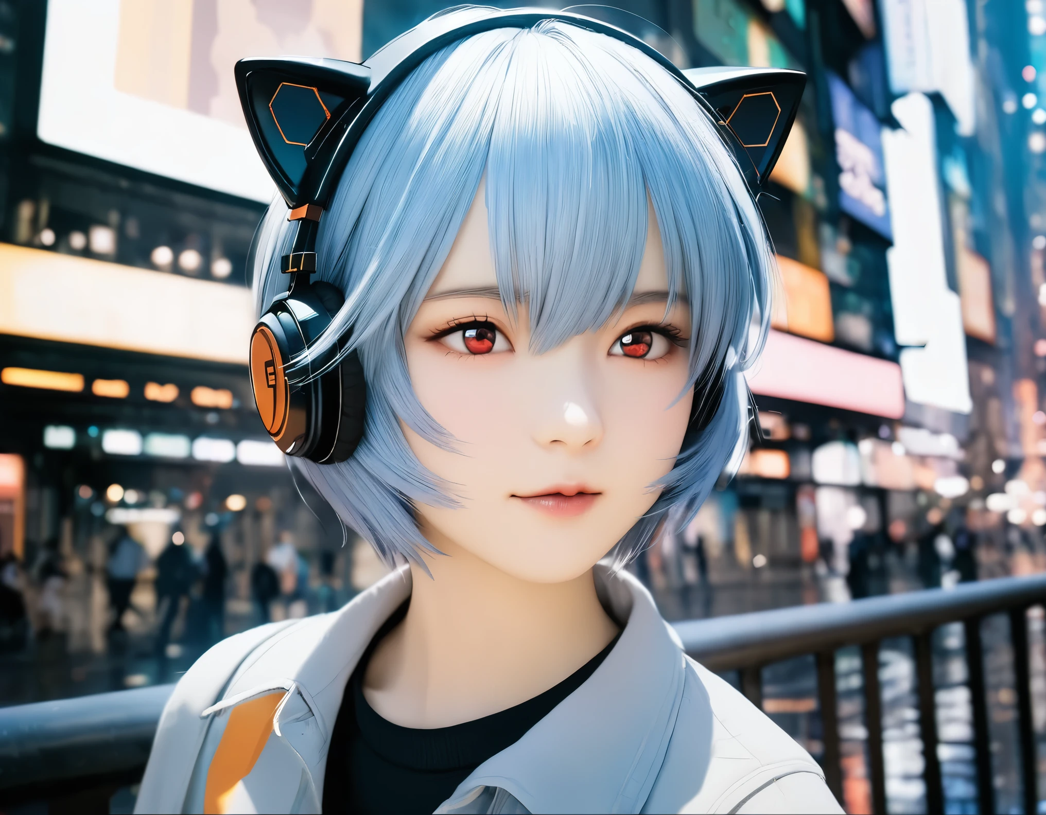 (best quality, 8k, high resolution:1.2), 1girl, ayanami_rei, cat ear headphone, cyber city, upper body