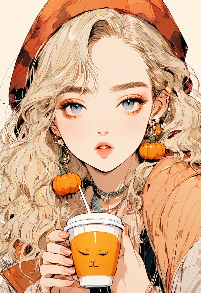 (Best Quality:0.8), (Best Quality:0.8), perfect illustration ,  portrait of a beautiful woman  、One personの***, bangs, black nail , blonde,  mouth, clavicle, ear  earrings with cups,  earrings with cups, Fashion G,  hair accessories, food, foodie,  jacket,  JEWELRY,  stares,  medium hair , Manicure, necklace,  earrings with cups,  short hair, autumn leaves、autumn,pumpkin, Sleeping Beyond the Wrist, One person, There are stains on the double-sided baked ,  upper body, in, Pop Background、Droopy eyes、