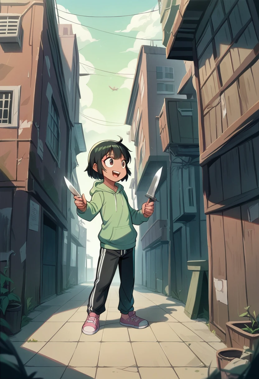  
female,alone,Good Quality , Black Hair , with green hair ,Ruined City , transparent cotton hoodie,A small view of the ship,Slightly smiling,Dark Dawn,scary atmosphere,Holding a knife in his hand,dark alley,There was a lot of fog,21 years old,shorts dolphin pants , standing diagonally in spring , in short dolphin pants ,