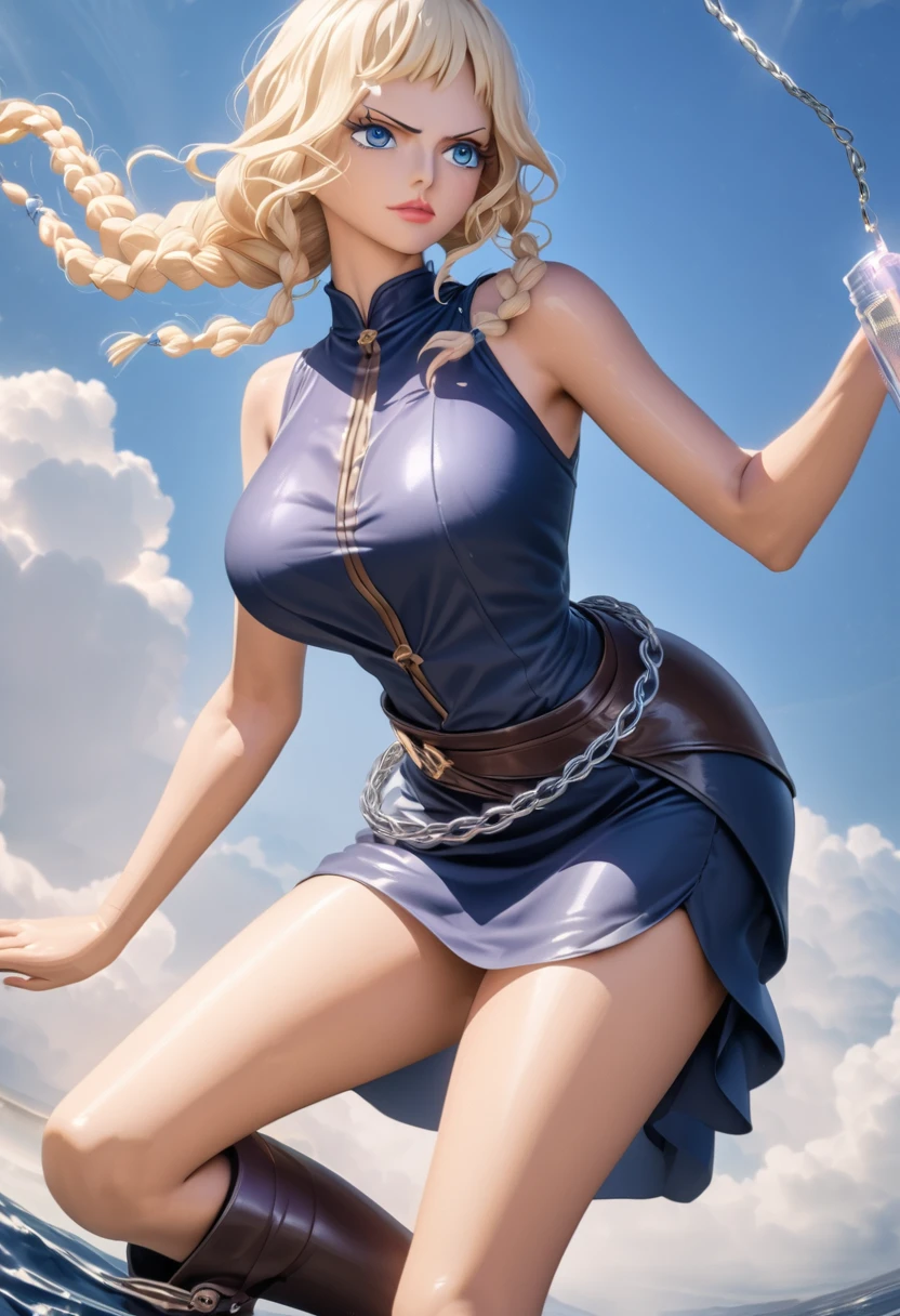 ANIME STYLE,  female character one piece , high resolution, pink lips,  subtle freckles on the cheekbones , leve rubor, Serene expression,  deep blue eyes like the ocean , Necessary, HD model, high resolution, light blond hair, Long FRINGE,  BIG BREASTS,  wears a dark leather jacket ,  but with unique details :  she has arabesque-shaped seams that create a striking look , but light.  The jacket is fitted to the waist ,  accentuating her silhouette ,  and the shoulders have cuts that leave some skin showing ,  adding a subtle touch of feminine charm . Under the jacket,  she wears a tight silk blouse in the color deep navy blue , complementing your eyes.  To maintain the pirate vibe and at the same time Sometimes a bit delicate ,  she wears an asymmetric leather skirt ,  that is slightly flowing at the front ,  while the back is slightly longer and has a silver chain belt,  resembling an anchor chain . As accessories ,  she wears a leather boot up to her knees ,  with lighter and more discreet metallic details . On long blond hair ,  she has some fine braids between the loose threads ,  decorated with small silver beads . 