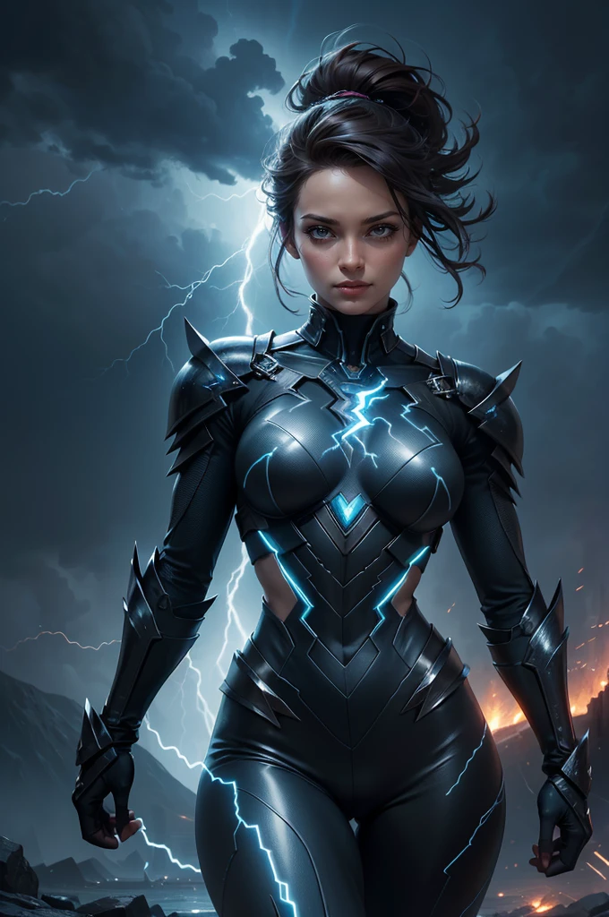 (best quality,4k,8k,highres,masterpiece:1.2),ultra-detailed,(realistic,photorealistic,photo-realistic:1.37),woman with thunder power,shirt and gauntlets,beautiful detailed eyes,beautiful detailed lips,lightning energy flowing from her body,glowing gauntlets with thunder symbols,sparks and electricity surrounding her,striking and dynamic pose,stormy background,storm clouds and lightning bolts,electric blue color scheme,dramatic lighting,stormy atmosphere,crackling electrical effects,empowered and confident expression,sharp focus on the main character,intense and powerful storm powers,energy crackling in the air,weather manipulation,electricity arcing between her fingers,charged and vibrant colors,forceful and controlled movements,storm elemental abilities,crackling thunder effects,striking visuals,strong and impactful presence,energy concentration and control,thunderstorm superhero,thunderous energy emanating from her,electrifying and captivating presence,energetic and dynamic composition,immense power linked to natural forces,visual representation of awe-inspiring weather power.,"(Best Quality,8K,hight resolution,Masterpiece:1.2),Beautiful,Detailed Face,Smiling and mesmerizing,Dark brown hair,In black armor with a scorpion motif.Accentuated chest area"
