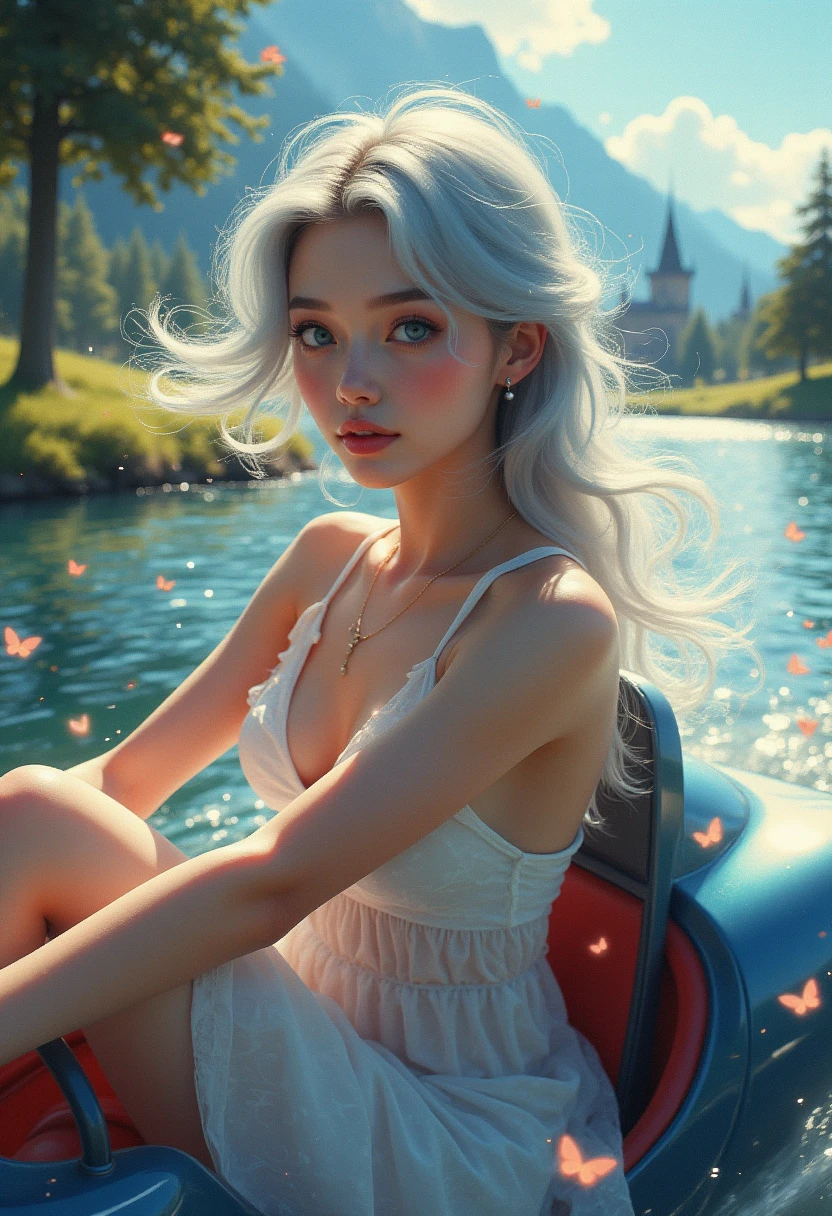 ((Girl riding a racing car in Lakeside Park)), fluorescent color, a girl, looking to the side, Beautiful Face, beautiful eyes, (Big blue eyes),(silver dim eyes),(due to strong winds, her body lines are clear), shiny hair, radiant skin, glare reduction, finger ratio adjustment, trusteeship, bat viewing angle, (outline), dynamic angle, main parts, (best quality),(looks super detailed),(has a sense of speed),(illustration),(detailed light),(very delicate and beautiful), dramatic shadow, (racing on a racing car, riding a motorcycle), reflection, super Kampala, (main part),(looks super detailed),(illustration),(detailed light),(very delicate and beautiful), dramatic shadow, ray tracing, reflection, super Kampala Kampala, (main part),(best quality),(Ultra HD), Kampala, (colored hair and mesh),(hair fluttering in the wind),(large, blue eyes), silver hair, female hair, sparkling butterflies, sparkling petals, black hair, light spots. Magic Aura, Green Dot, True Nature of Nianli, Magic Aura Black Hair Woman, ((Translucent White Shoulder dress: 1. 3), (sleeveless), (skirt fluttering in the wind), ((running on a motorcycle))(petals flying), (white underwear visible), (full body photo), (long legs), (high heels), (a girl riding an antique bicycle in the lake park with a hazy European castle in the background)