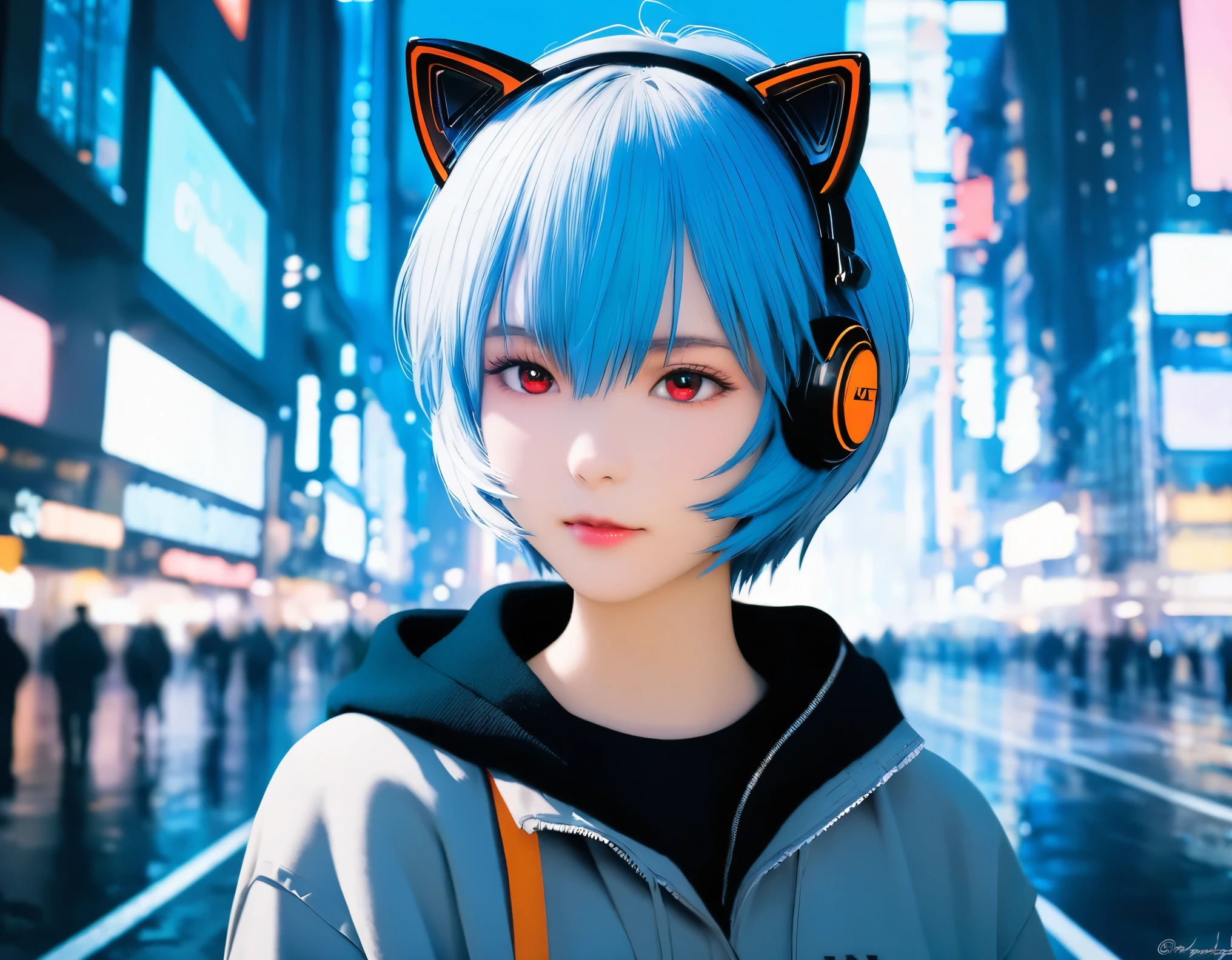 (best quality, 8k, high resolution:1.2), 1girl, ayanami_rei, cat ear headphone, cyber city, upper body