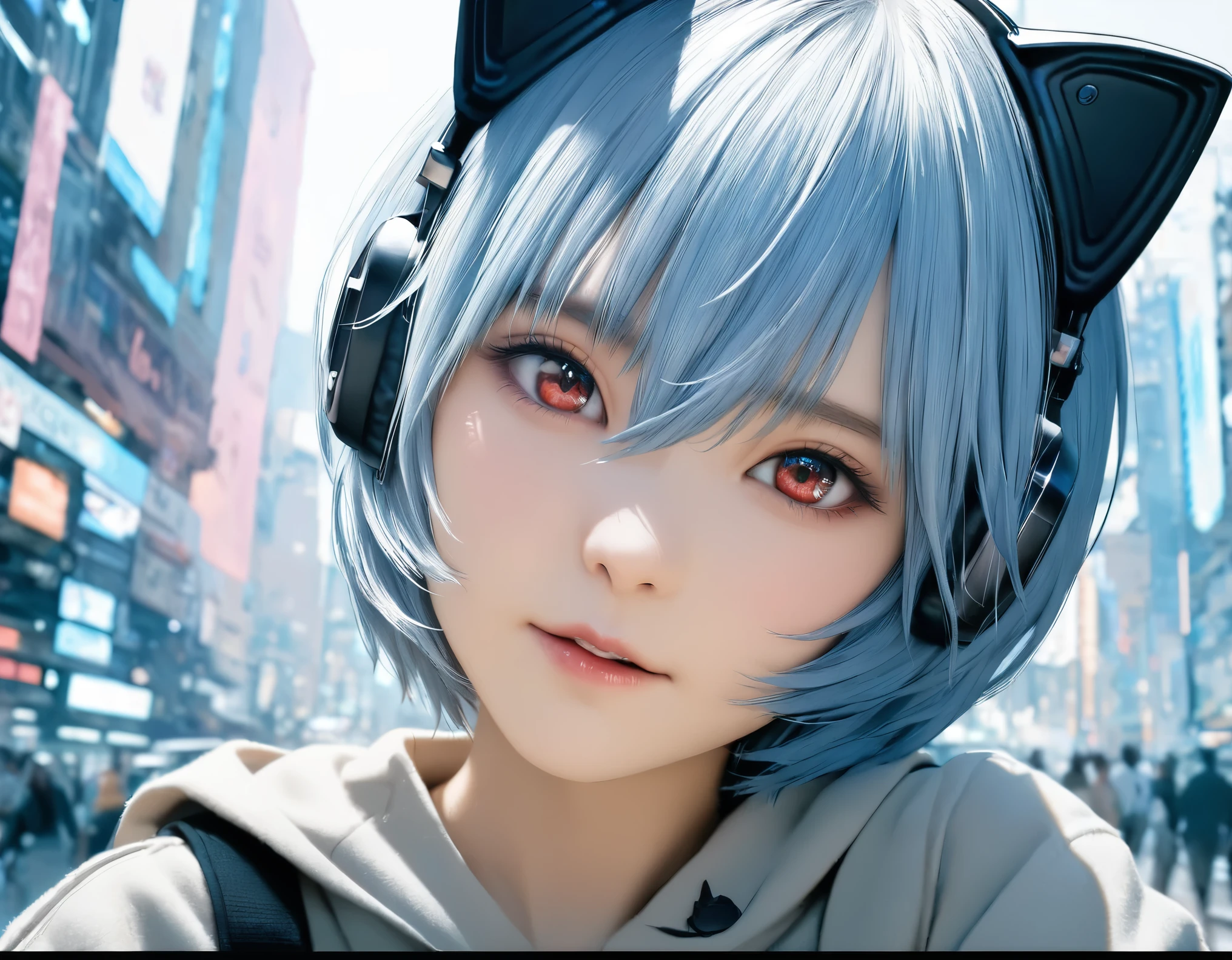 (best quality, 8k, high resolution:1.2), 1girl, ayanami_rei, cat ear headphone, cyber city, upper body