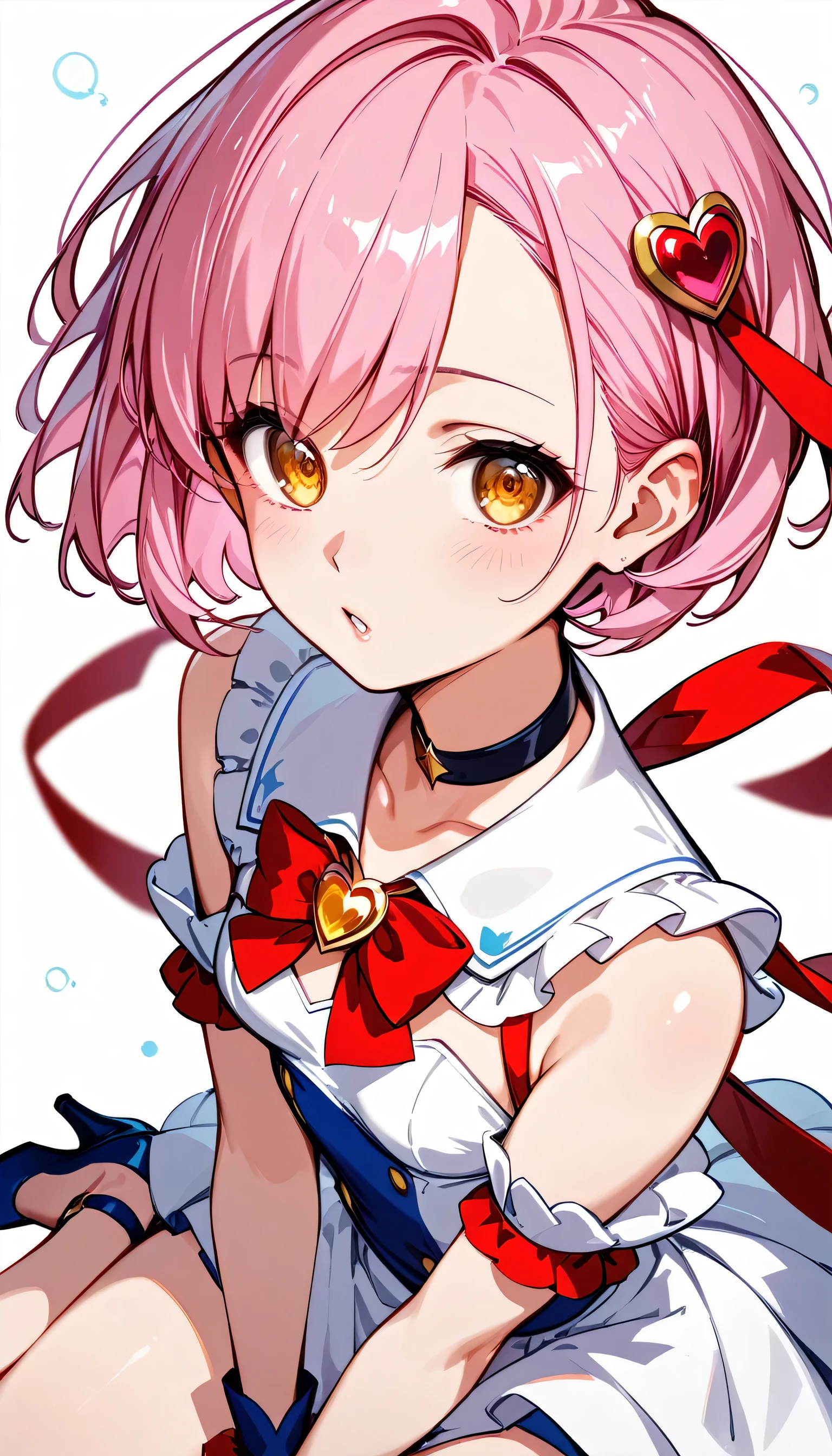 High image quality 、high quality、 one girl shaking her hips、 pink hair、 short hair、 golden eyes、Small breasts、 cleavage、 simple background、Fisheye Lens、Shooting from above、 The girl is looking at the camera、 face up 、Looking up、 High Heels 、Magical girl in white clothes、Big ribbon