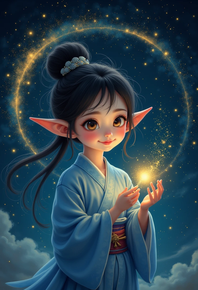 Naughty little elf. Night Guardian. dark blue background, dreamy atmosphere of narrative poems, starry sky shining with golden stars, beautiful oriental girl turned into an elf, dressed in blue luminous silk, clean background, messy hair, a large amount of stardust gathered into a winding galaxy, breeze blowing soft golden light, graphic design style, Highly saturated colors, golden light spot shining on the beautiful girl's face, quiet and gentle.