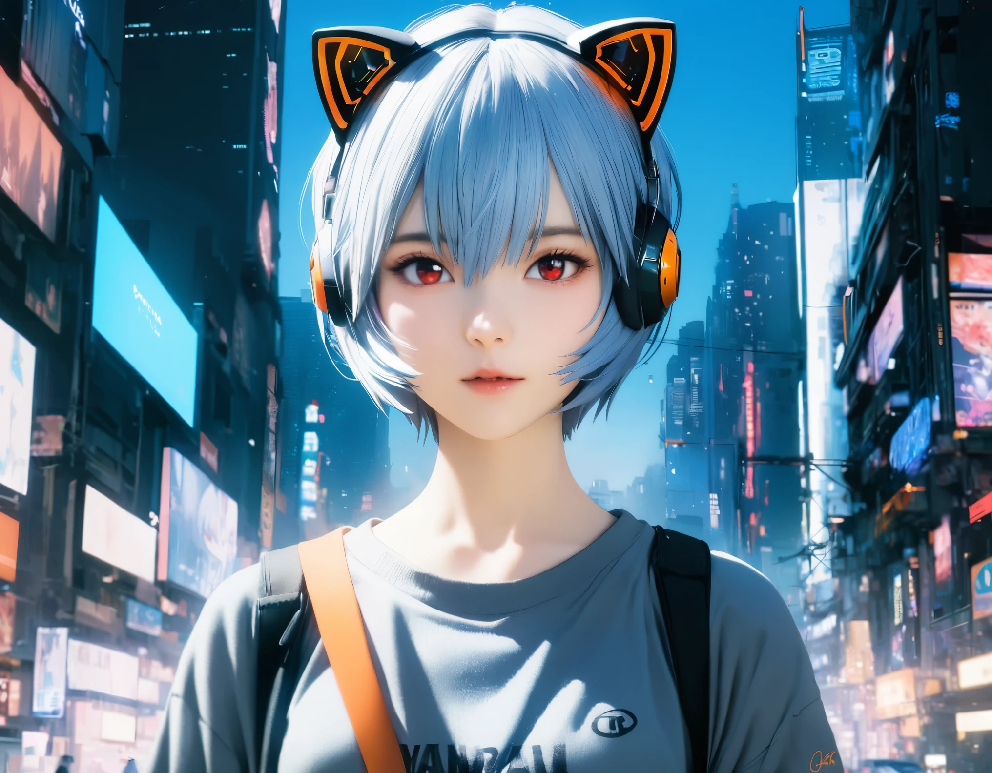 (best quality, 8k, high resolution:1.2), 1girl, ayanami_rei, cat ear headphone, cyber city, upper body