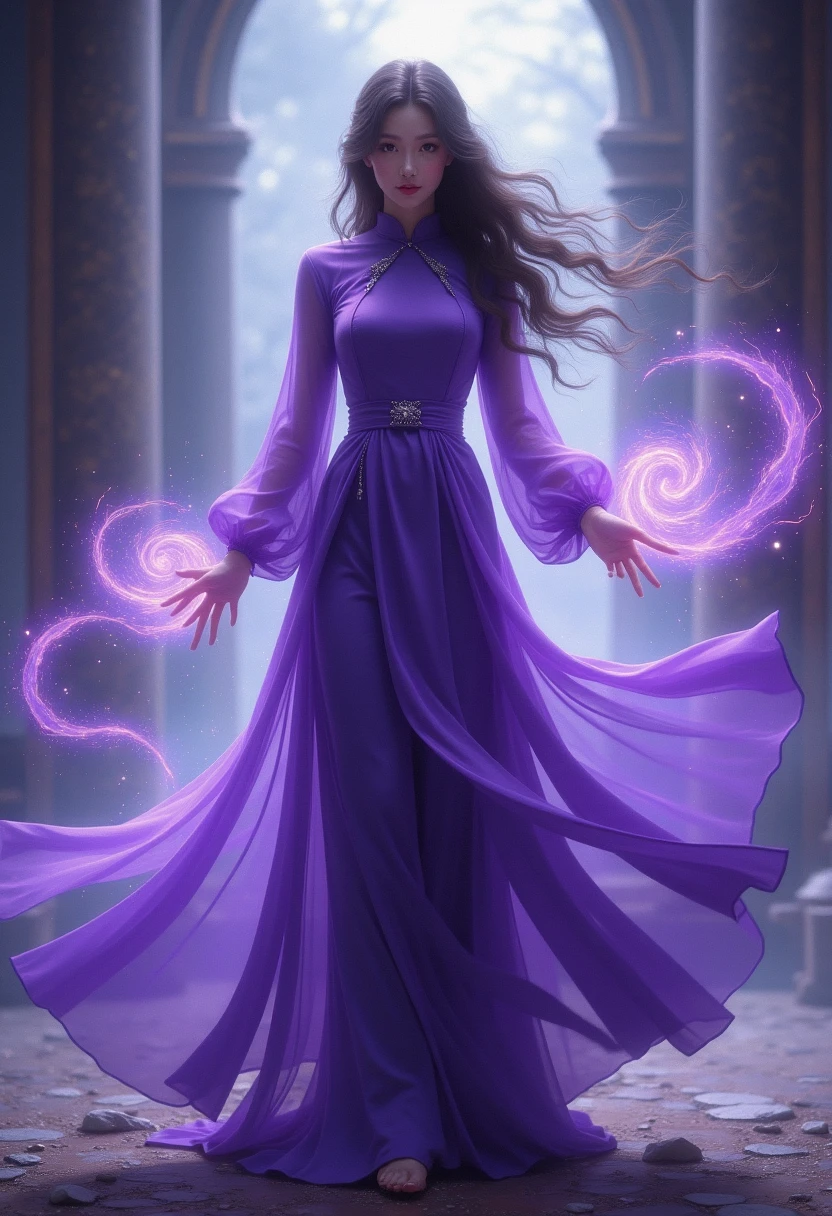 A mysterious female figure dressed in flowing purple áo dài with an elegant posture, her charming presence exudes power as she unleashes spells and the fabric of her costume swirls around her gracefully **** a magic whisper