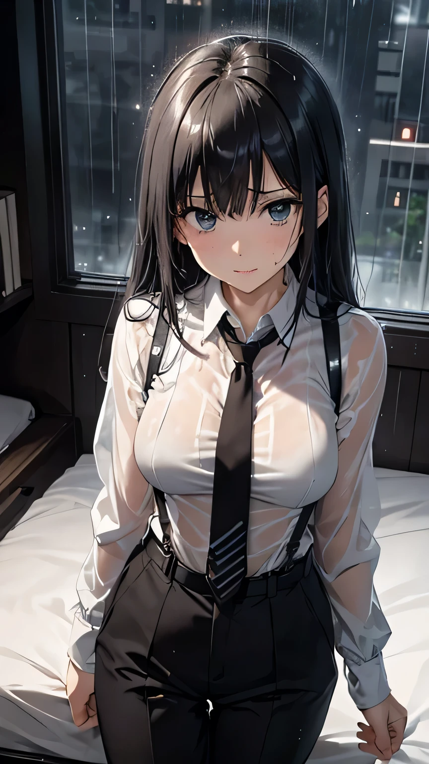 1 female, , high quality, masterpiece, Ultra-high resolution, , Cinema Lighting, , , And the suspenders with the cranes flying　　　Large Breasts　 　 　　　　Small face　 　　　holster　　　　　　　 Lying in bed　Looking up　　　　Sweat 　　　belt　summer　脇Sweat 　Black Hole Gloves　suit　shirt　　Black jacket　 Black trousers　Leg Links　ズボンにbelt　　holster　 　　Hands behind your back　 Anxious expression　Looking up　Anxious face, legs apart　Armament　Handgun　handcuffs　Cable ties　レッグholster　holster　See-through clothing　heavy rain　Getting wet in the rain
