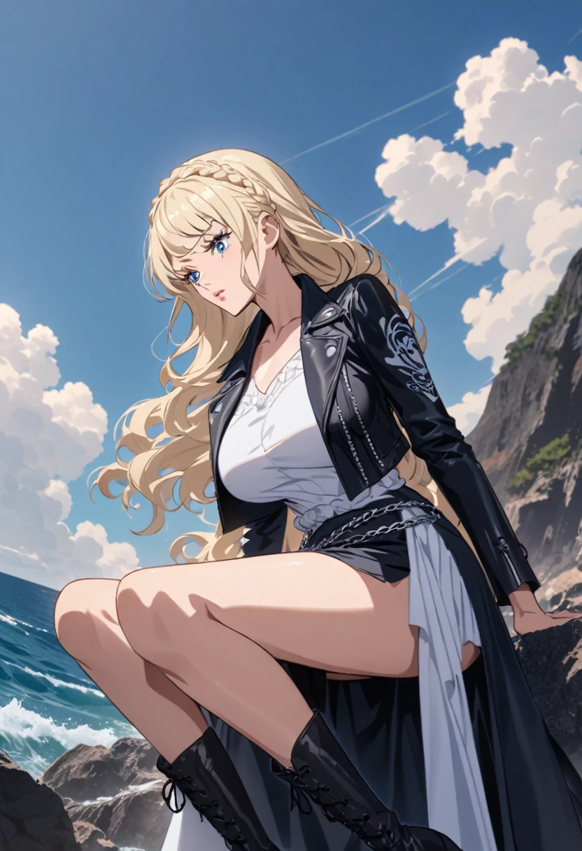 ANIME STYLE,  female character one piece , high resolution, pink lips,  subtle freckles on the cheekbones , leve rubor, Serene expression,  deep blue eyes like the ocean , Necessary, high resolution, light blond hair, Long FRINGE,  braid in the hair,  BIG BREASTS,  wears a dark leather jacket ,  but with unique details :  she has arabesque-shaped seams that create a striking look , but light.  The jacket is fitted to the waist ,  accentuating her silhouette ,  and the shoulders have cuts that leave some skin showing ,  adding a subtle touch of feminine charm . Under the jacket,  she wears a tight silk blouse in the color deep navy blue , complementing your eyes.  To maintain the pirate vibe and at the same time Sometimes a bit delicate ,  she wears an asymmetric leather skirt ,  that is slightly flowing at the front ,  while the back is slightly longer and has a silver chain belt,  resembling an anchor chain . As accessories ,  she wears a leather boot up to her knees ,  with lighter and more discreet metallic details . 