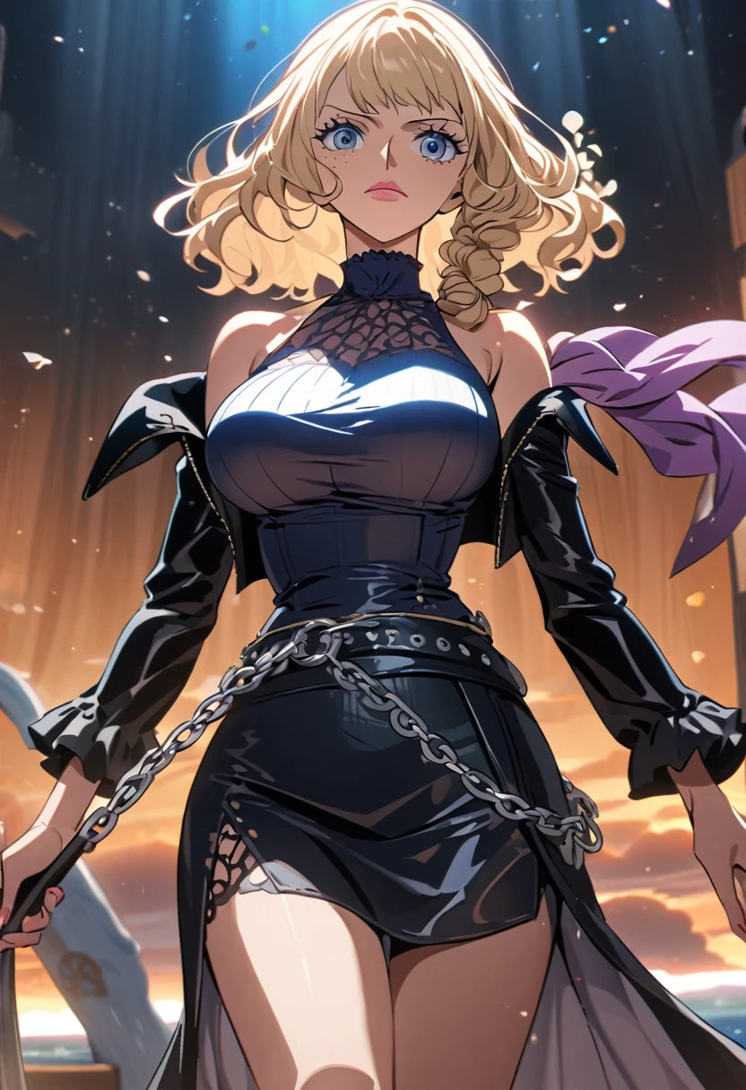 ANIME STYLE,  female character one piece , high resolution, pink lips,  subtle freckles on the cheekbones , leve rubor, Serene expression,  deep blue eyes like the ocean , Necessary, high resolution, light blond hair, Long FRINGE,  braid in the hair,  BIG BREASTS,  wears a dark leather jacket ,  but with unique details :  she has arabesque-shaped seams that create a striking look , but light.  The jacket is fitted to the waist ,  accentuating her silhouette ,  and the shoulders have cuts that leave some skin showing ,  adding a subtle touch of feminine charm . Under the jacket,  she wears a tight silk blouse in the color deep navy blue , complementing your eyes.  To maintain the pirate vibe and at the same time Sometimes a bit delicate ,  she wears an asymmetric leather skirt ,  that is slightly flowing at the front ,  while the back is slightly longer and has a silver chain belt,  resembling an anchor chain . As accessories ,  she wears a leather boot up to her knees ,  with lighter and more discreet metallic details . 