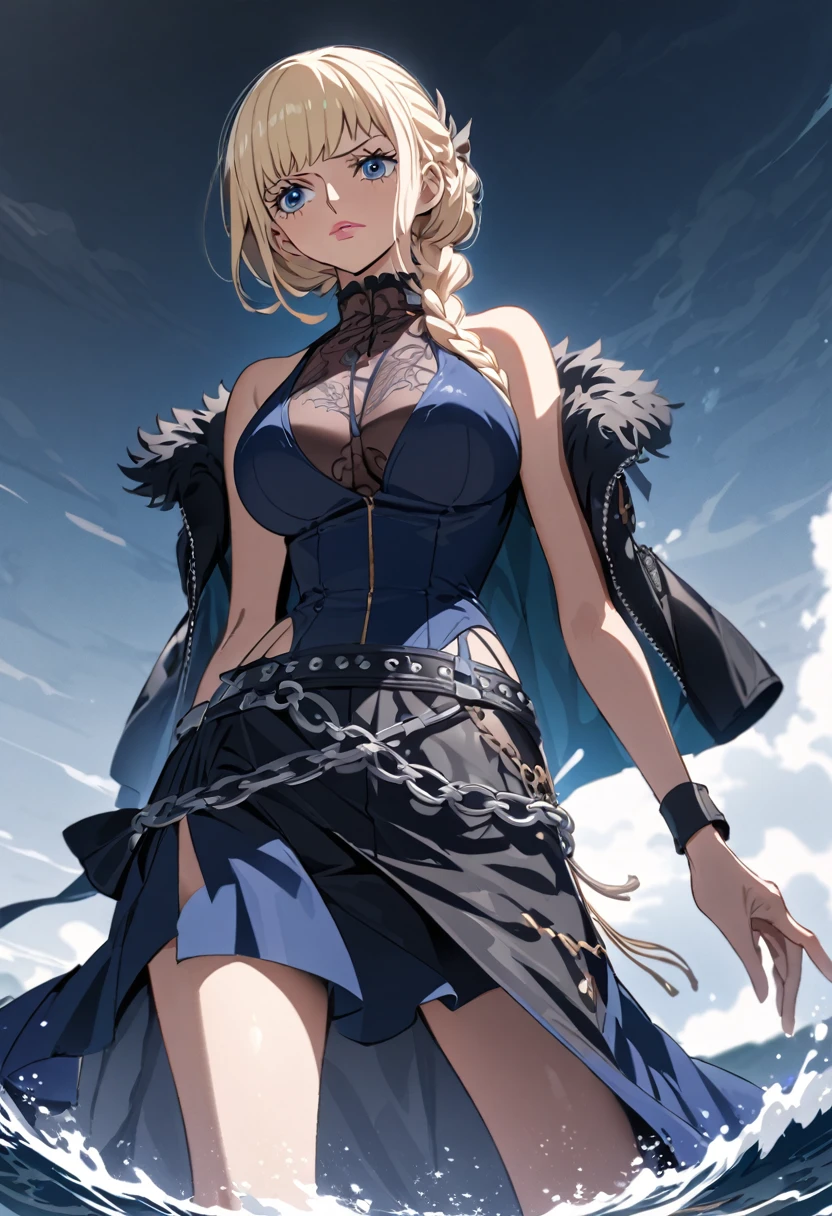 ANIME STYLE,  female character one piece , high resolution, pink lips,  subtle freckles on the cheekbones , leve rubor, Serene expression,  deep blue eyes like the ocean , Necessary, high resolution, light blond hair, Long FRINGE,  braid in the hair,  BIG BREASTS,  wears a dark leather jacket ,  but with unique details :  she has arabesque-shaped seams that create a striking look , but light.  The jacket is fitted to the waist ,  accentuating her silhouette ,  and the shoulders have cuts that leave some skin showing ,  adding a subtle touch of feminine charm . Under the jacket,  she wears a tight silk blouse in the color deep navy blue , complementing your eyes.  To maintain the pirate vibe and at the same time Sometimes a bit delicate ,  she wears an asymmetric leather skirt ,  that is slightly flowing at the front ,  while the back is slightly longer and has a silver chain belt,  resembling an anchor chain . As accessories ,  she wears a leather boot up to her knees ,  with lighter and more discreet metallic details . 