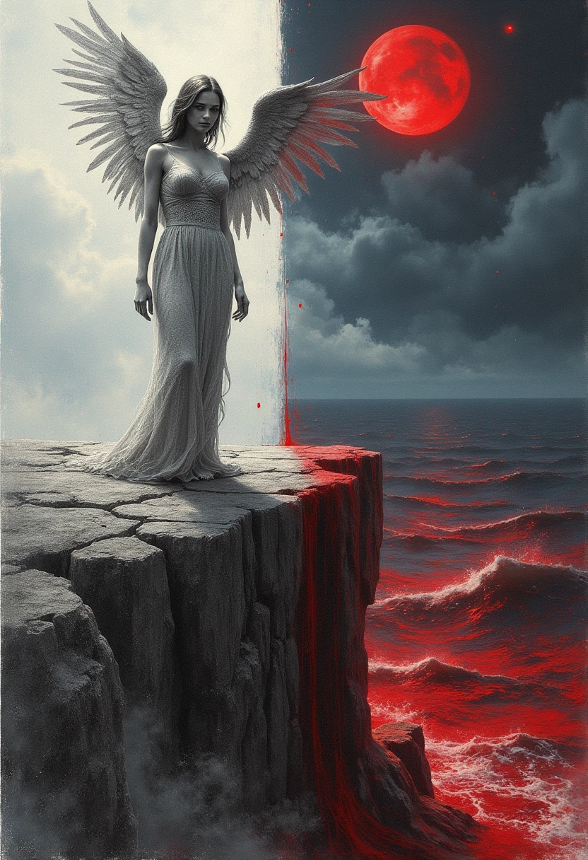 Black, white, blue and red, (the best quality, looks super detailed, high resolution, extremely detailed CG ), wide-angle lens, dead angel standing on the edge of the cliff, she is very beautiful, she likes blood and Ocean, blood rain, mystery, fanatics, wheels in wheels, surrealism, beautifully, the artwork should transition from a pencil drawing style in black and white on the left half to vibrant colors on the right half, ensuring that the two halves are seamlessly integrated without any dividing line, and the scenes on both sides are exactly the same, with the left side featuring detailed black and white pencil strokes and the right side filled with colors, creating a harmonious fusion