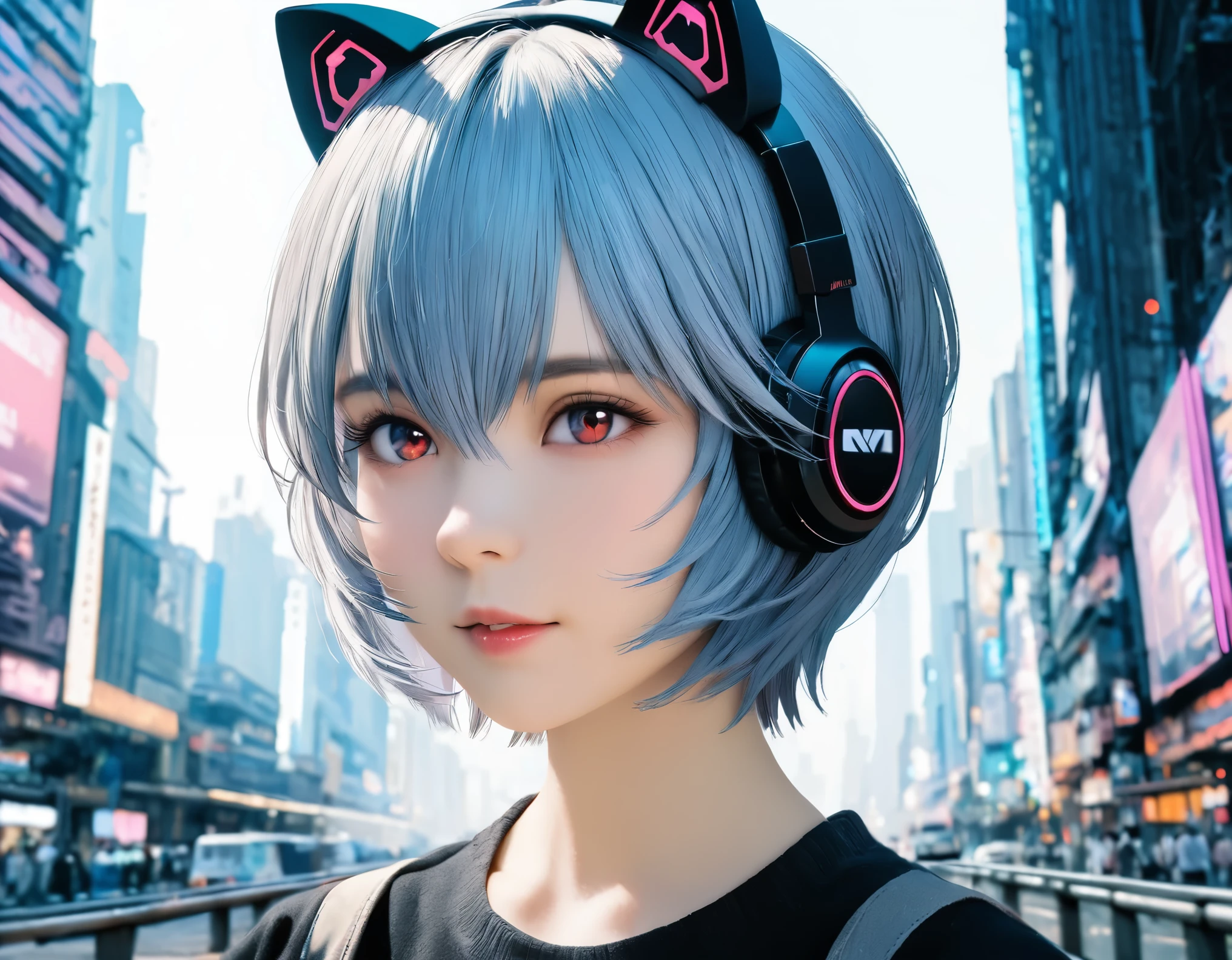 (best quality, 8k, high resolution:1.2), 1girl, ayanami_rei, cat ear headphone, cyber city, upper body