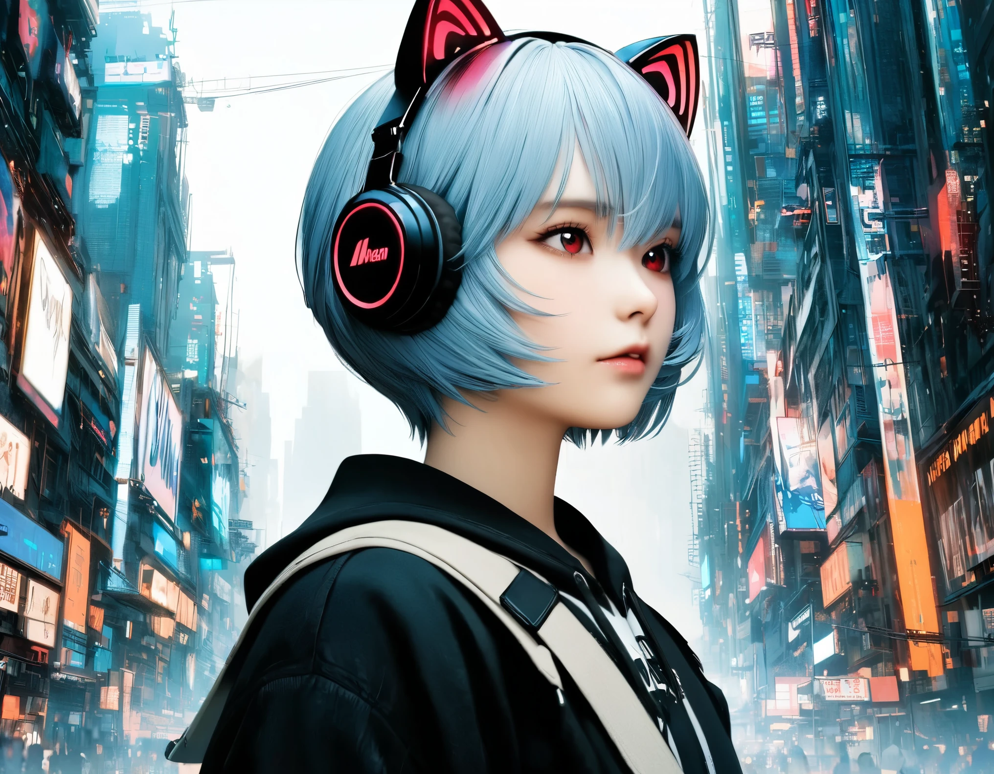 (best quality, 8k, high resolution:1.2), 1girl, ayanami_rei, cat ear headphone, cyber city, upper body