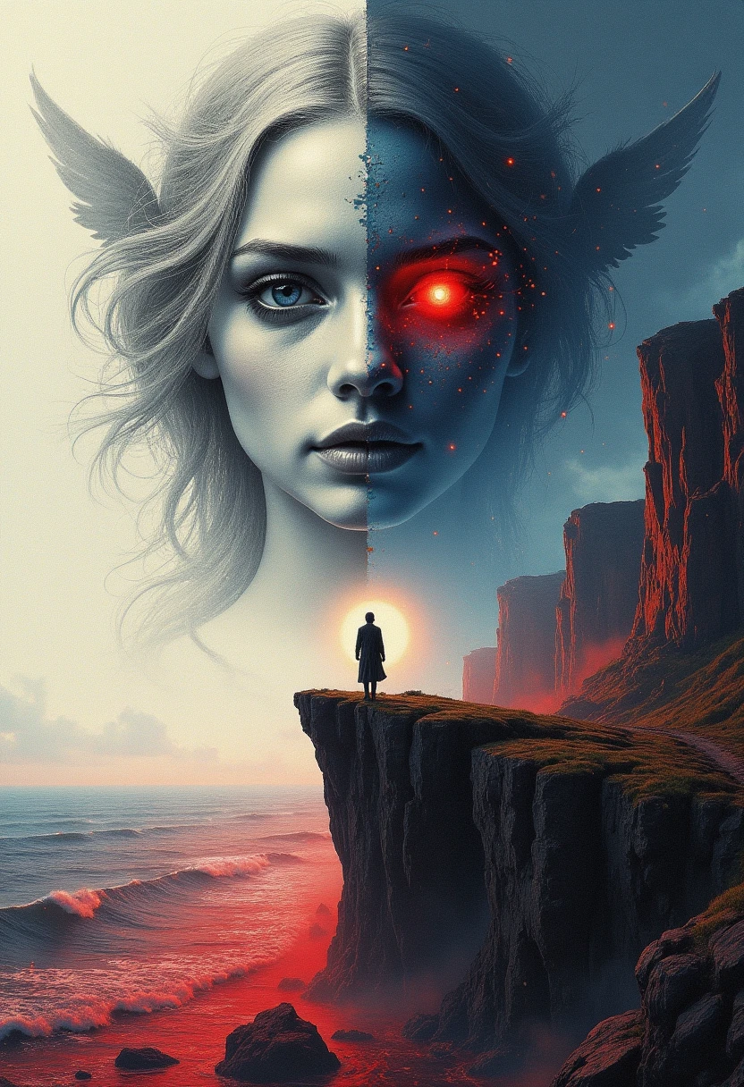 Black, white, blue and red, (the best quality, looks super detailed, high resolution, extremely detailed CG ), wide-angle lens, dead angel standing on the edge of the cliff, she is very beautiful, she likes blood and Ocean, blood rain, mystery, fanatics, wheels in wheels, surrealism, beautifully, the artwork should transition from a pencil drawing style in black and white on the left half to vibrant colors on the right half, ensuring that the two halves are seamlessly integrated without any dividing line, and the scenes on both sides are exactly the same, with the left side featuring detailed black and white pencil strokes and the right side filled with colors, creating a harmonious fusion