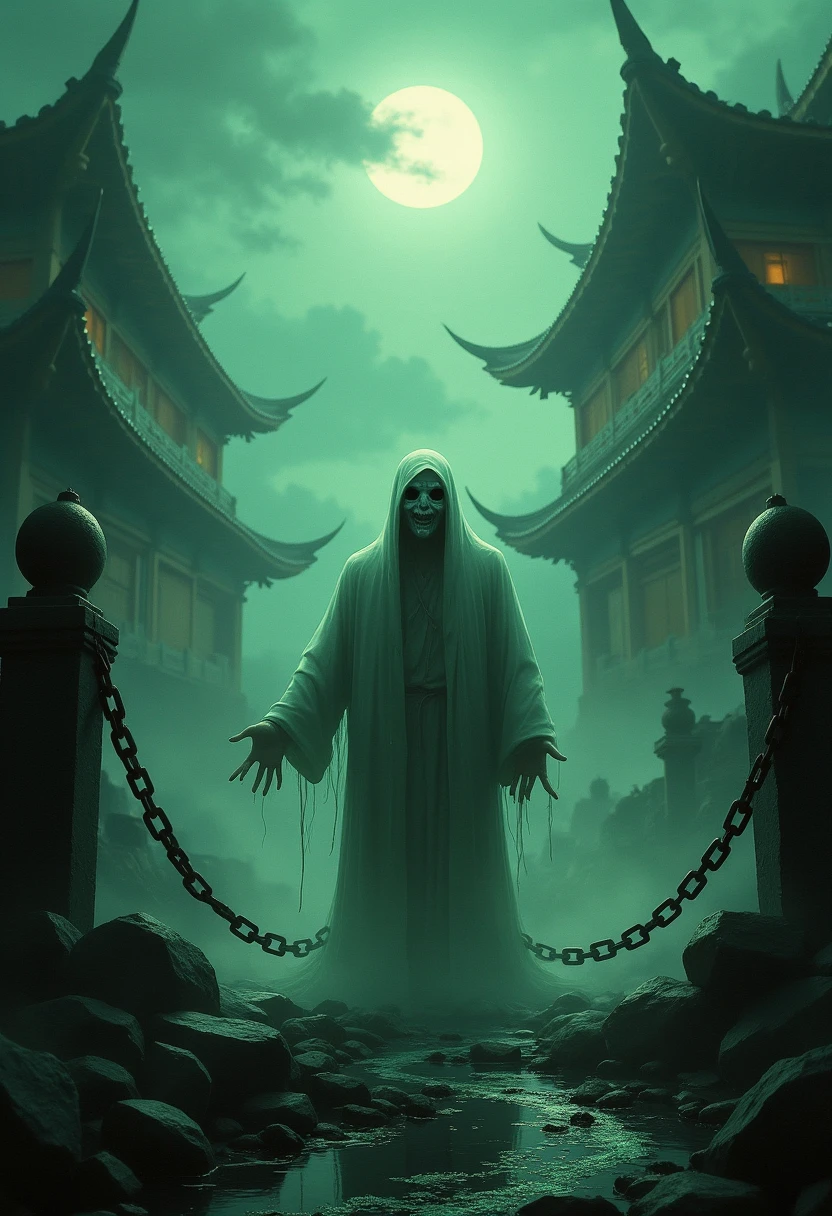 a creepy chinese ghost story, weird chinese architecture, Qixi Festival, green ghost soup, menpo bridge, noodle soup, escort ghost, chain, gloomy atmosphere, movie, horror, atmosphere, surrealism, mystery, detailed