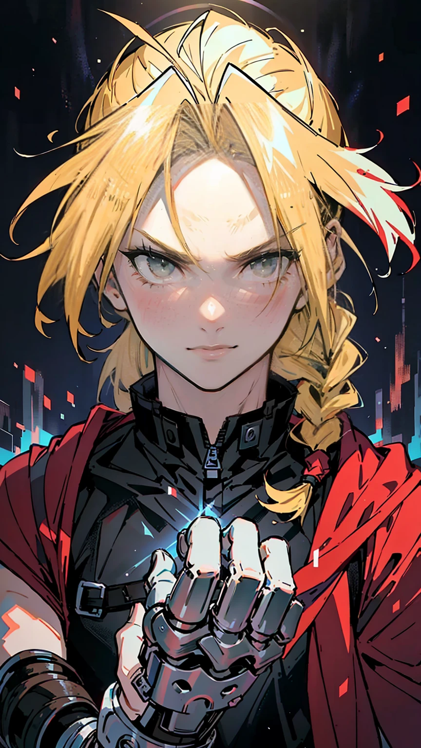 (Best Quality),(high resolution),(beautiful face and eye),bottom perspective, solo focus posed portrait,(Modern anime drawing art , oil painting thick strokes and thin patterns ).western comics art , Edward Elric 1man !character, a single mechanical arm, white gloves, red jacket, long hair, male focus, single braid. vibrant colors, highly detailed.Above the head is a halo or northern lights . in the background are many alchemical signs 