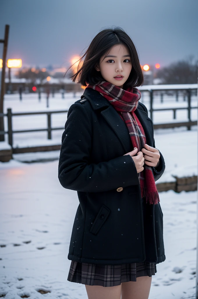 high quality, masterpiece,  super high resolution , (Realistic:1.4), Original photo, 1 Girl,  Japanese，Black Hair、Moody Tone, （ high contrast）、Hair swaying in the wind、Beautiful woman，２0 years old、whole bodyショット、 flared skirt 、 knee-length skirt 、cold、winter，Snow Scene，Snowfall，whitish fluffy coat， Red Check Wool Scarf ，Place your hands on your chest、Detailed depiction of the hand、 short hair、whole body、Red checked scarf、Don&#39;t look at me、Look away、Looking into the distance、（profile）、profile、Asahi、The sun is strong