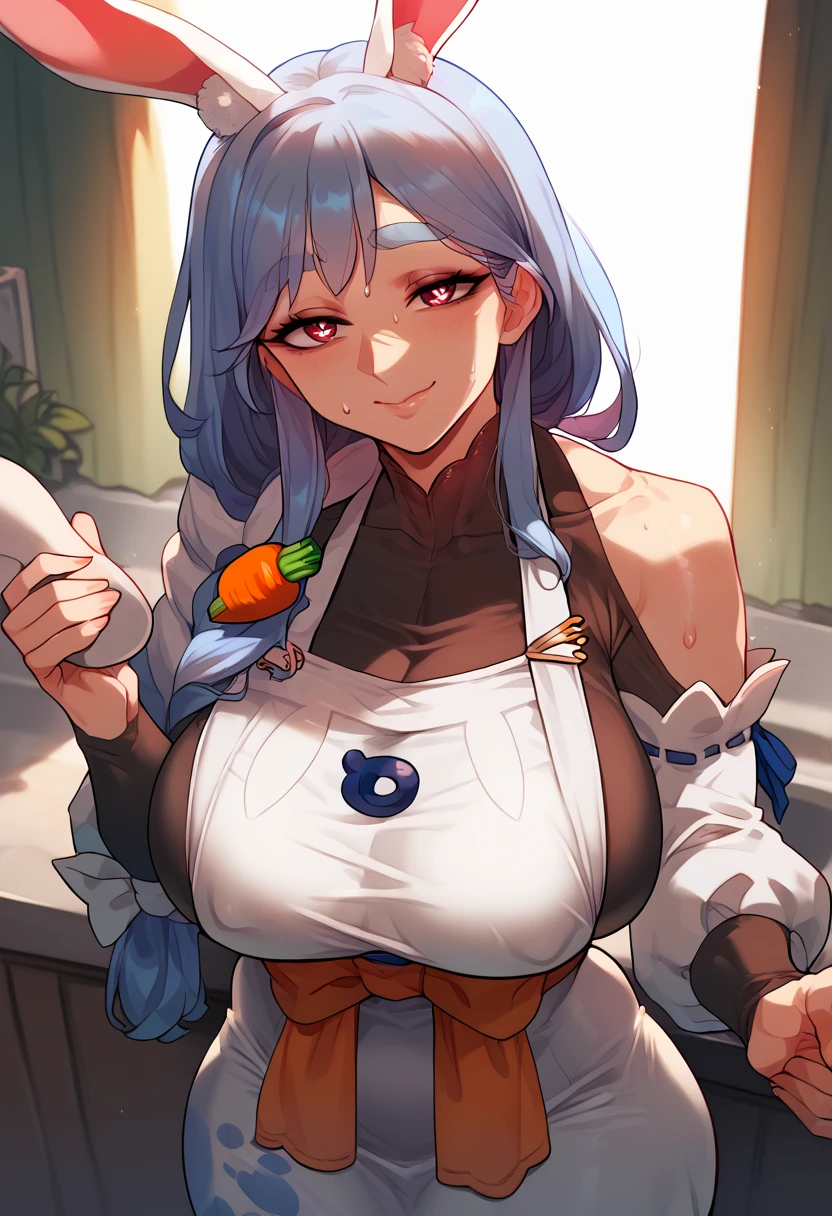 Hyper realistic, mother, milf, mature female, face, perfect lighting, perfect, sexy female, closed mouth,, huge breasts, sweat、smile、pekomamadef, thick eyebrows, bunny-shaped pupils, rabbit ears, animal ear fluff, apron, dress, detached sleeves, bow,  carrot hair ornament 