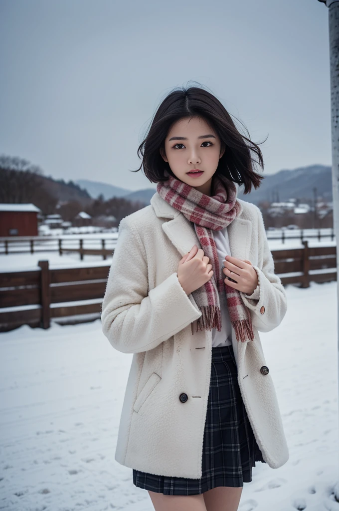 high quality, masterpiece,  super high resolution , (Realistic:1.4), Original photo, 1 Girl,  Japanese，Black Hair、Moody Tone, （ high contrast）、Hair swaying in the wind、Beautiful woman，２0 years old、whole bodyショット、 flared skirt 、 knee-length skirt 、cold、winter，Snow Scene，Snowfall，whitish fluffy coat， Red Check Wool Scarf ，Place your hands on your chest、Detailed depiction of the hand、 short hair、whole body、Red checked scarf、Don&#39;t look at me、Look away、Looking into the distance、（profile）、profile、Asahi、The sun is strong